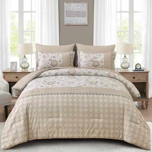 Comforter Set 7 Pieces Bed in a Bag Floral Geometric Patchwork Soft King Beige
