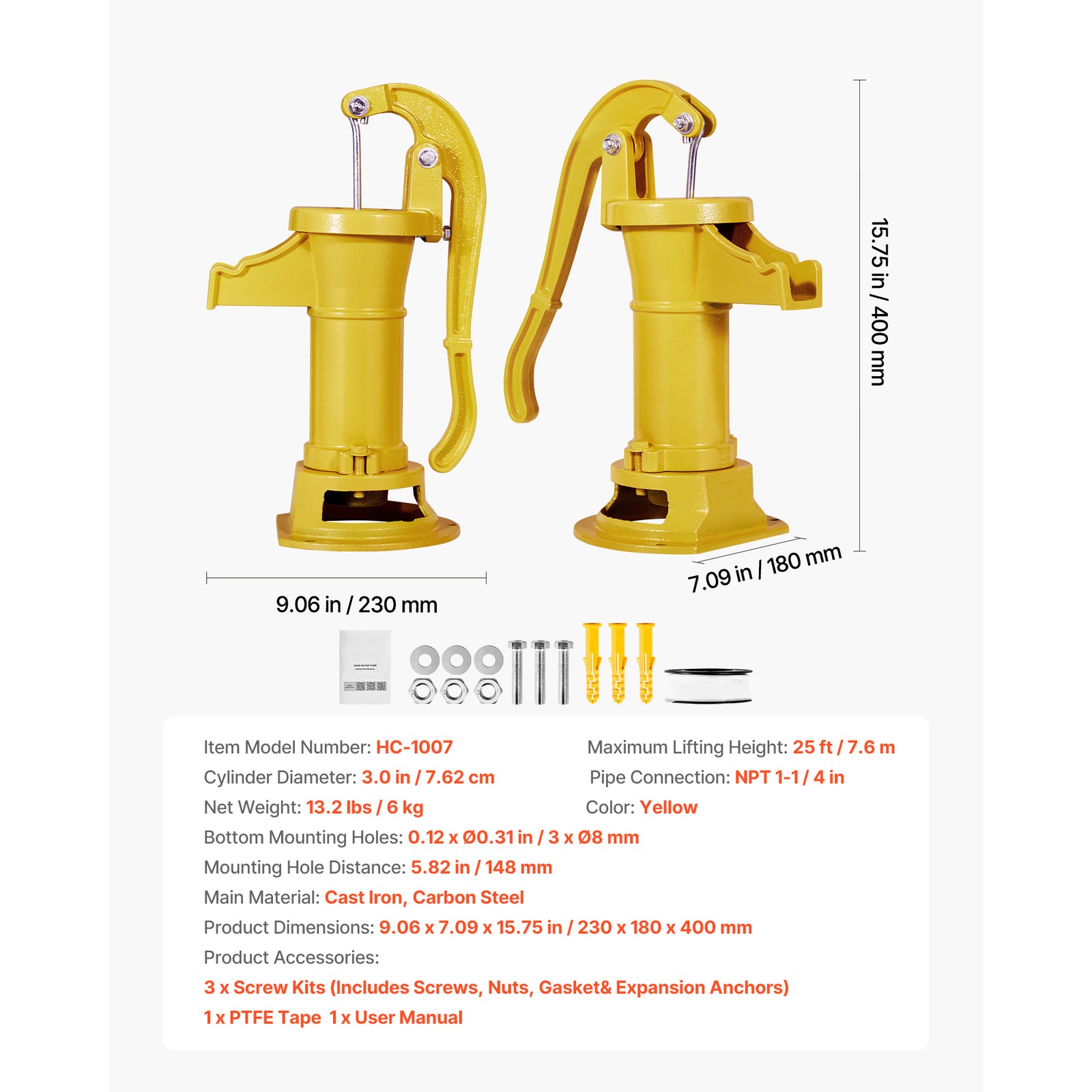 Uimoso Antique Cast Iron Manual Water Pump 25ft Hand Pitcher