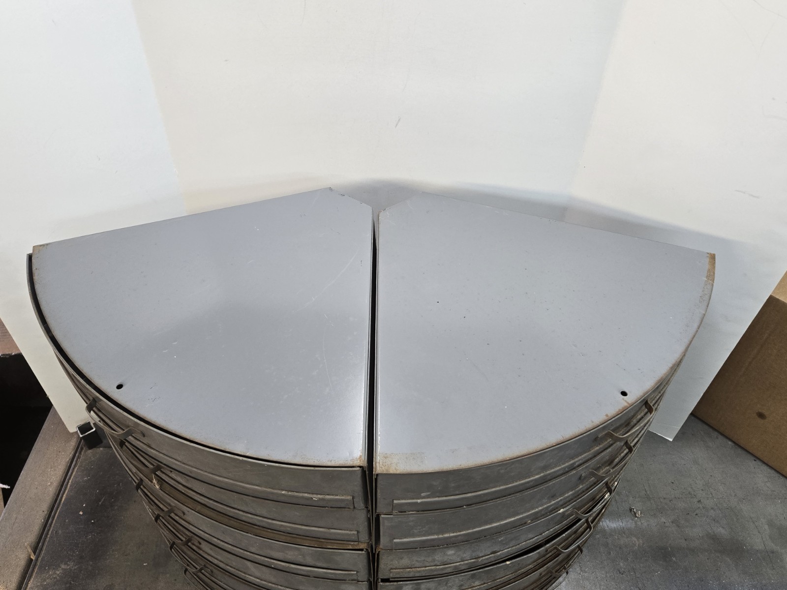 Vintage Industrial Metal Pie Shaped Corner Hardware Parts Bin 3 Drawer Cabinet