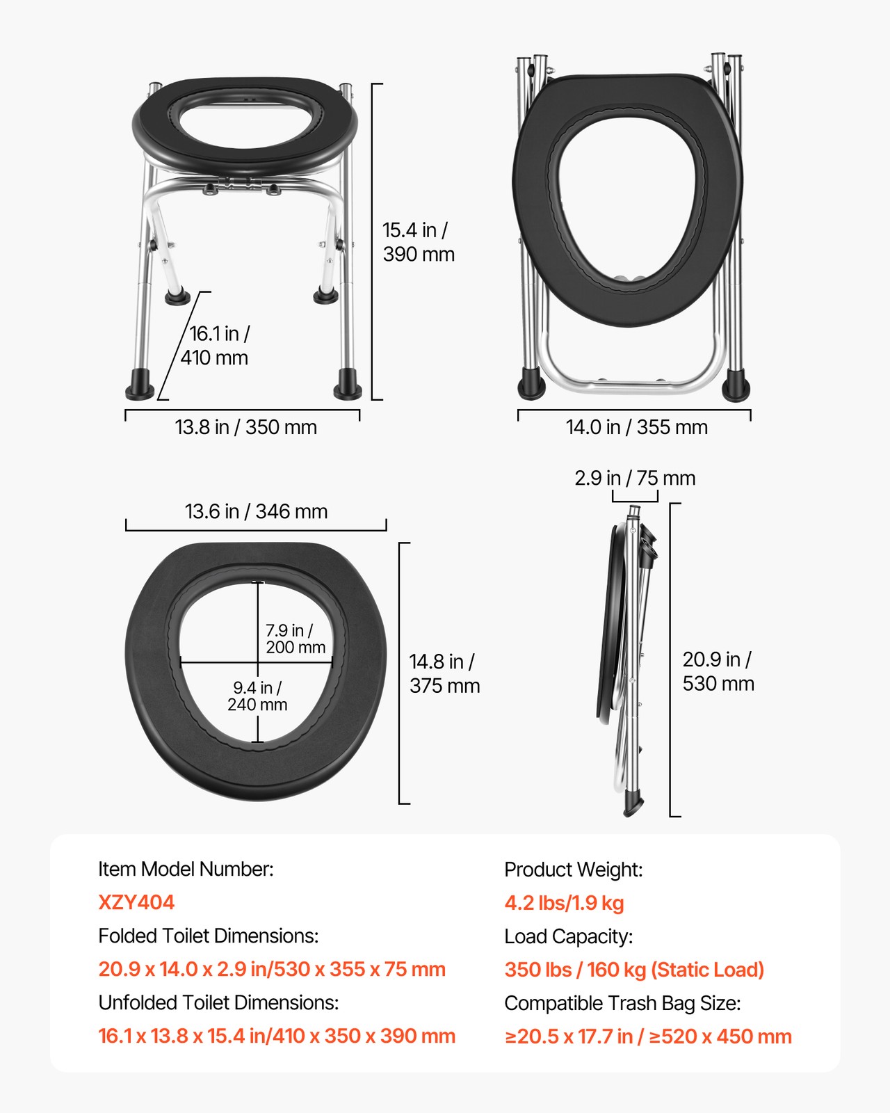 VEVOR Portable Toilet Folding Toilet Portable Chair 350 lbs Camping Travel Seat