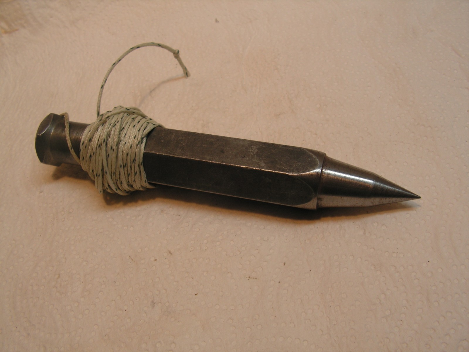 Vintage 12oz Plumb Bob With Nylon Cord 12'+ Hex Body, Nice Sharp Point