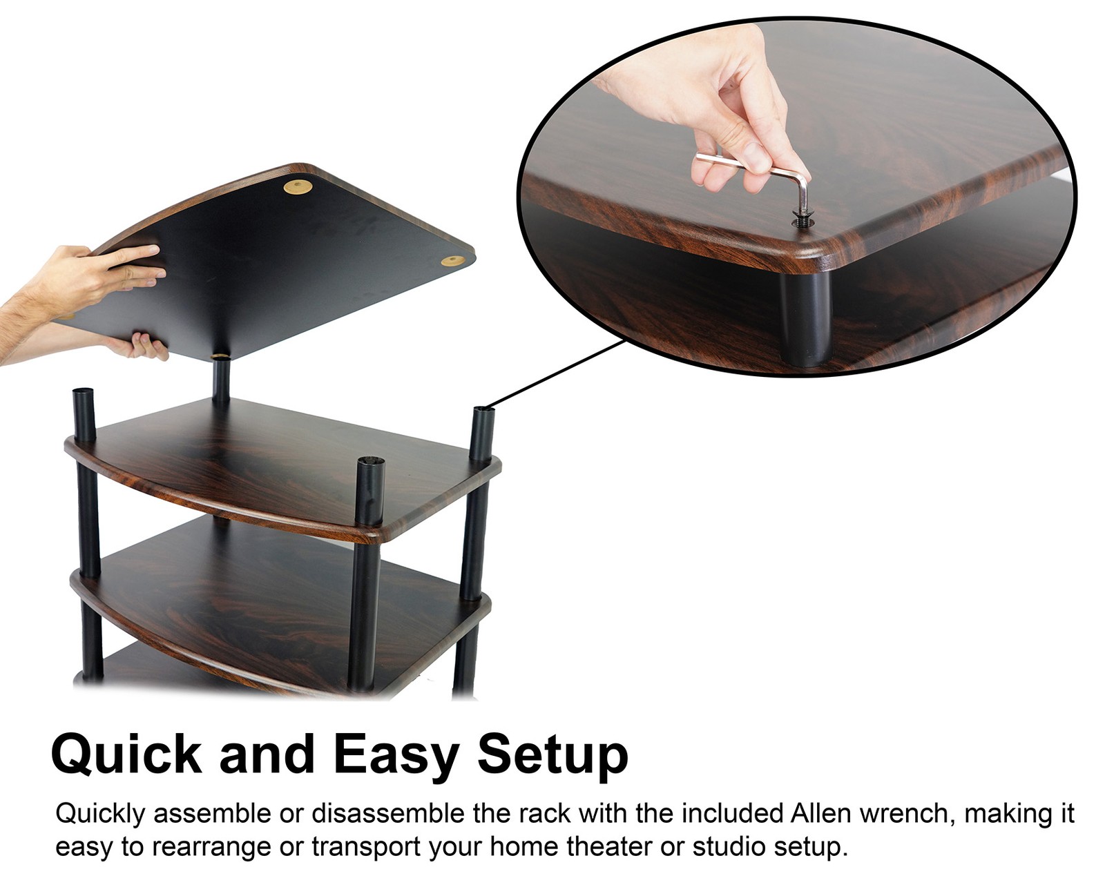 Rockville FLX Dark Wood Adjustable Height 4 Shelf Home Theater Audio Rack Stand