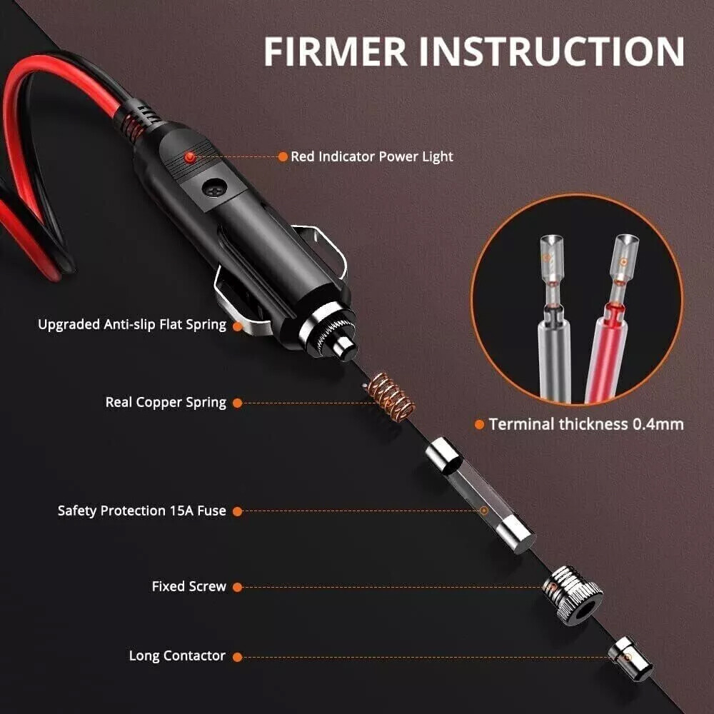 2Pcs Fused Male Car Cigarette Lighter Socket Plug Connector Cable Leads 12V~24V