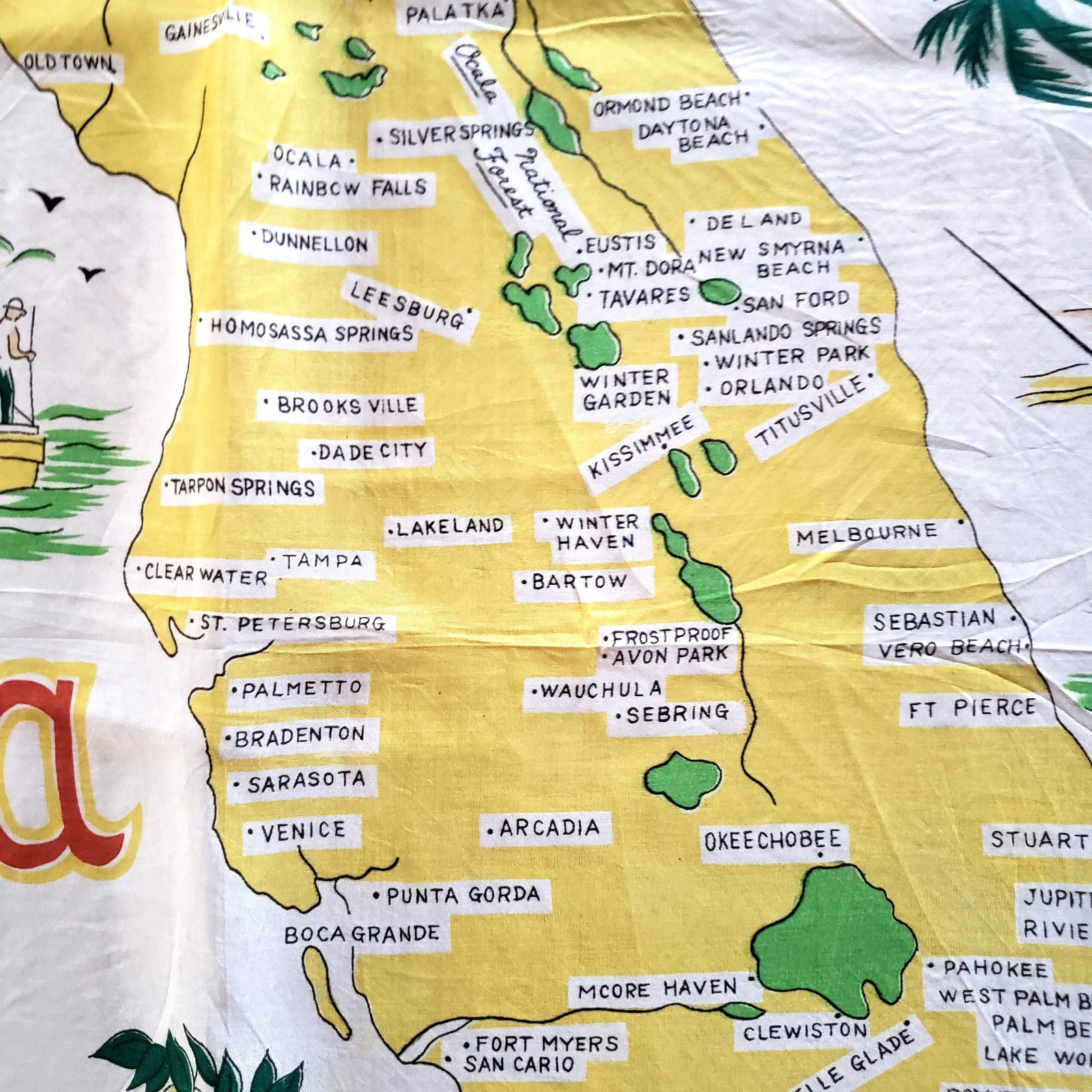 Vintage MCM Florida Map Scarf Rayon Turquoise Blue Hand Rolled Japan 30"X30"