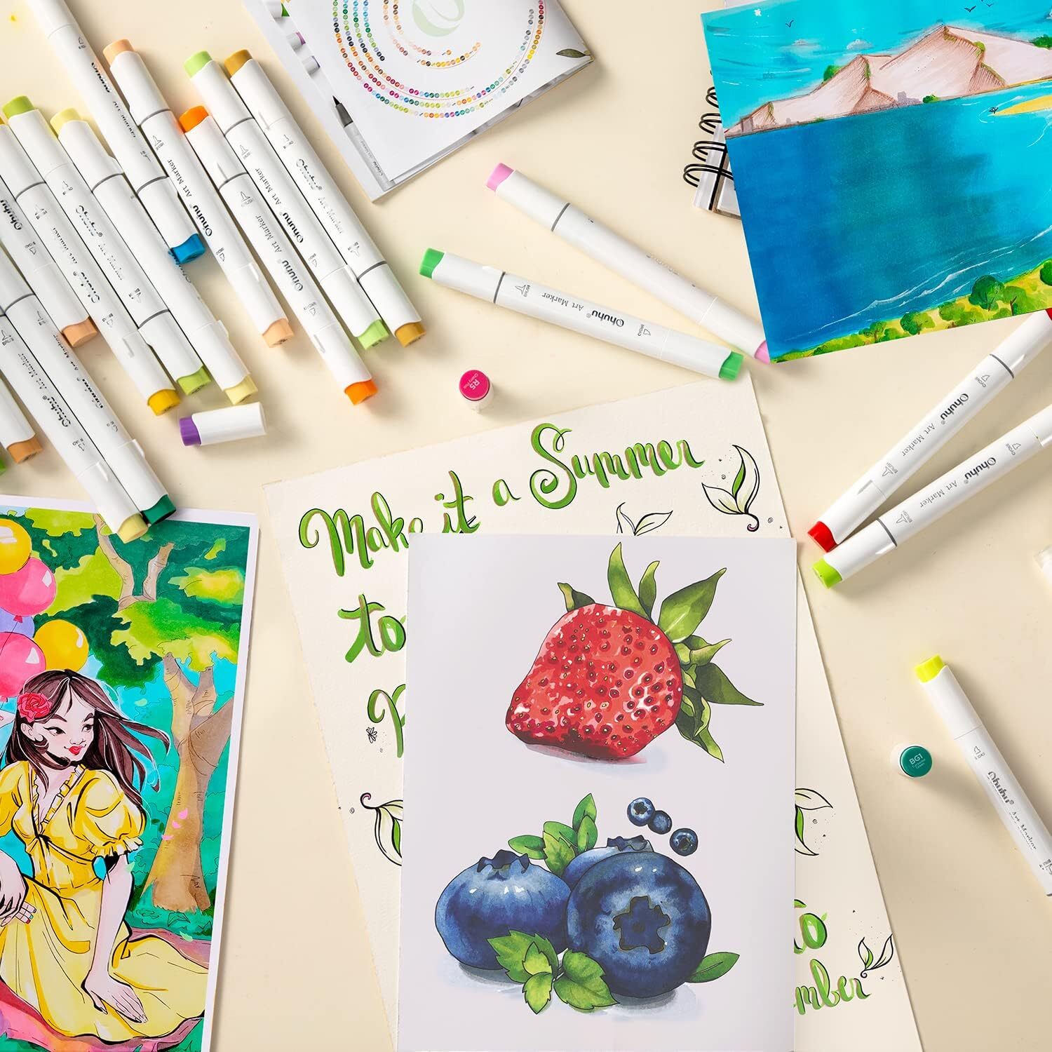 Ohuhu Alcohol Markers 216-color Double Tipped Brush & Chisel- Refillable Markers