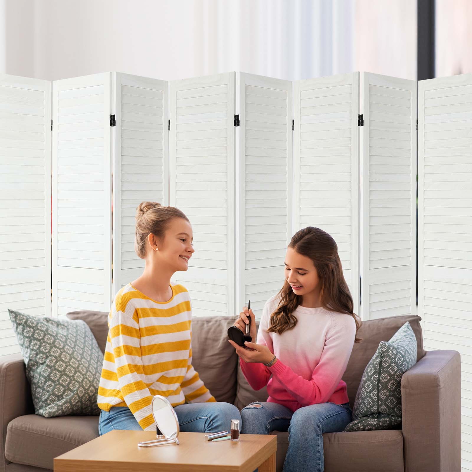 8 Panel Wood Room Divider Folding Privacy Screen Louvered Partition Wall White