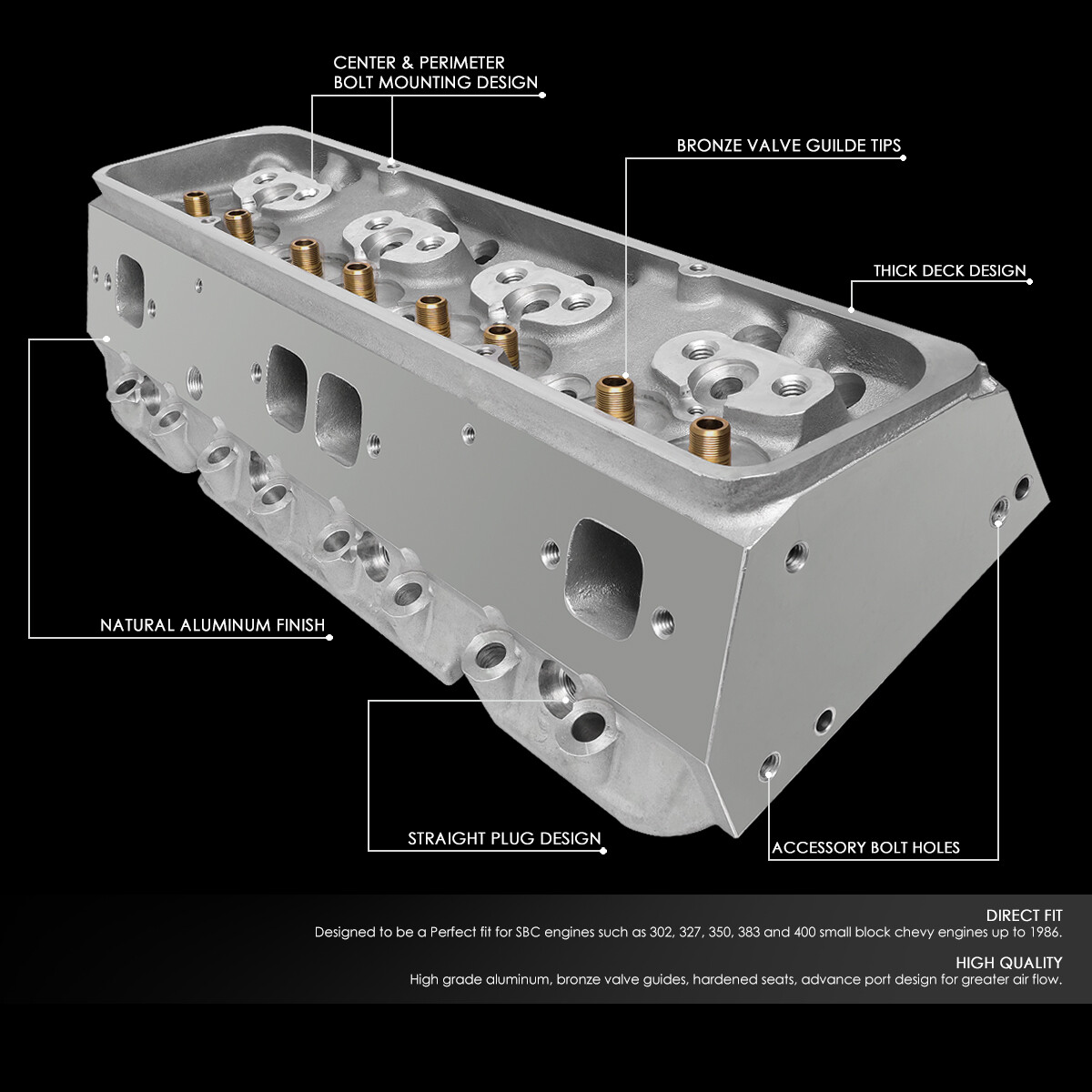 2x Aluminum Bare Straight Plug Cylinder Head for Small Block Chevy SBC 302 350