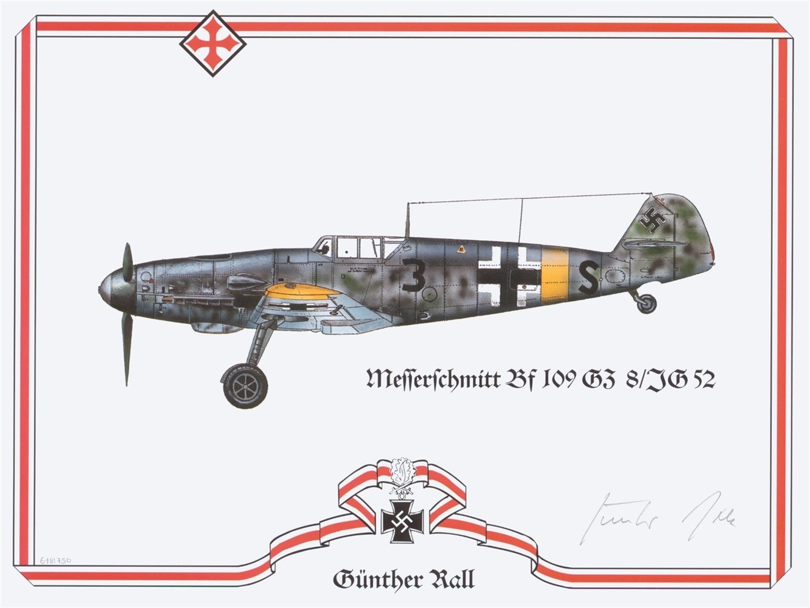 Gunther Rall signed color mini-print. Luftwaffe Ace. with 275 kills! WWII. Nice