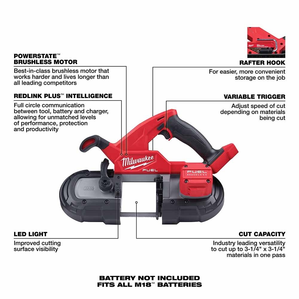 Milwaukee 2829-20 M18 FUEL 3-1/4" x 3-1/4" Compact Variable Speed Band Saw, Bare