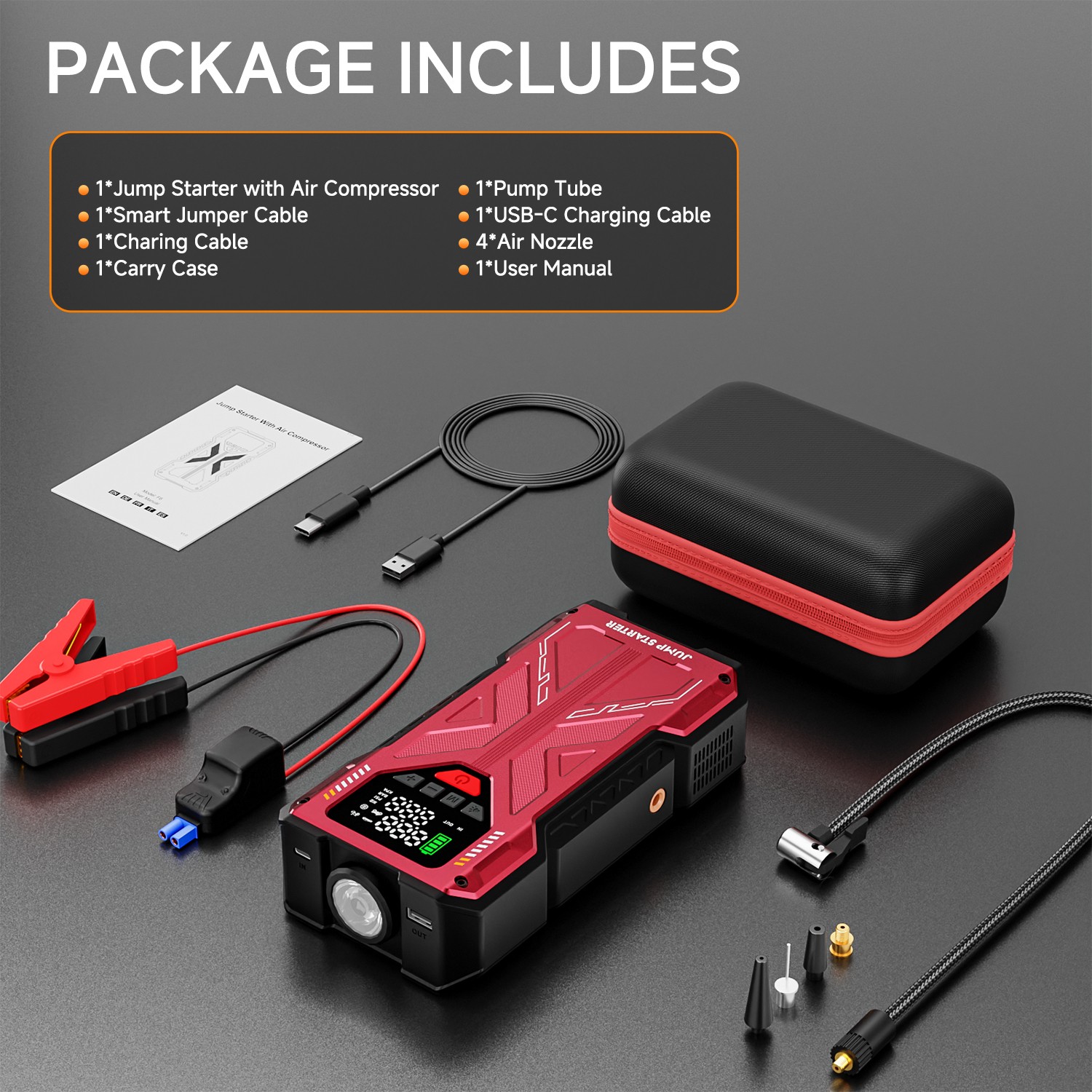 6000A Car Jump Starter with Air Compressor Combo Portable Jump Box Bank Battery