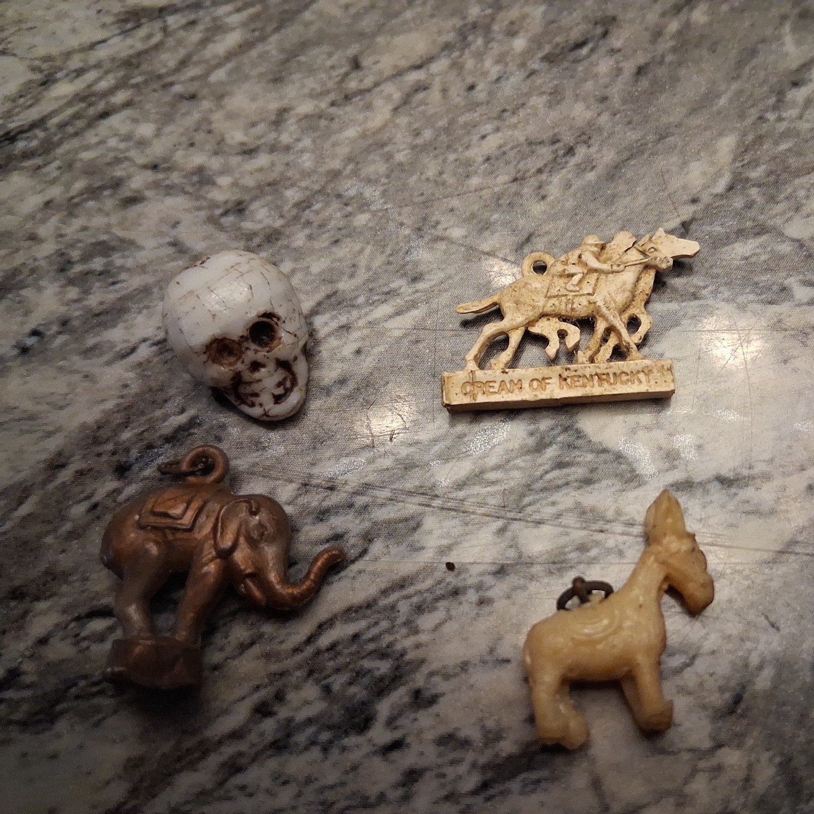 1940s Celluloid Horse Racing Charm Lot Schenley WhiskeyPremium Gumball Toy Skull