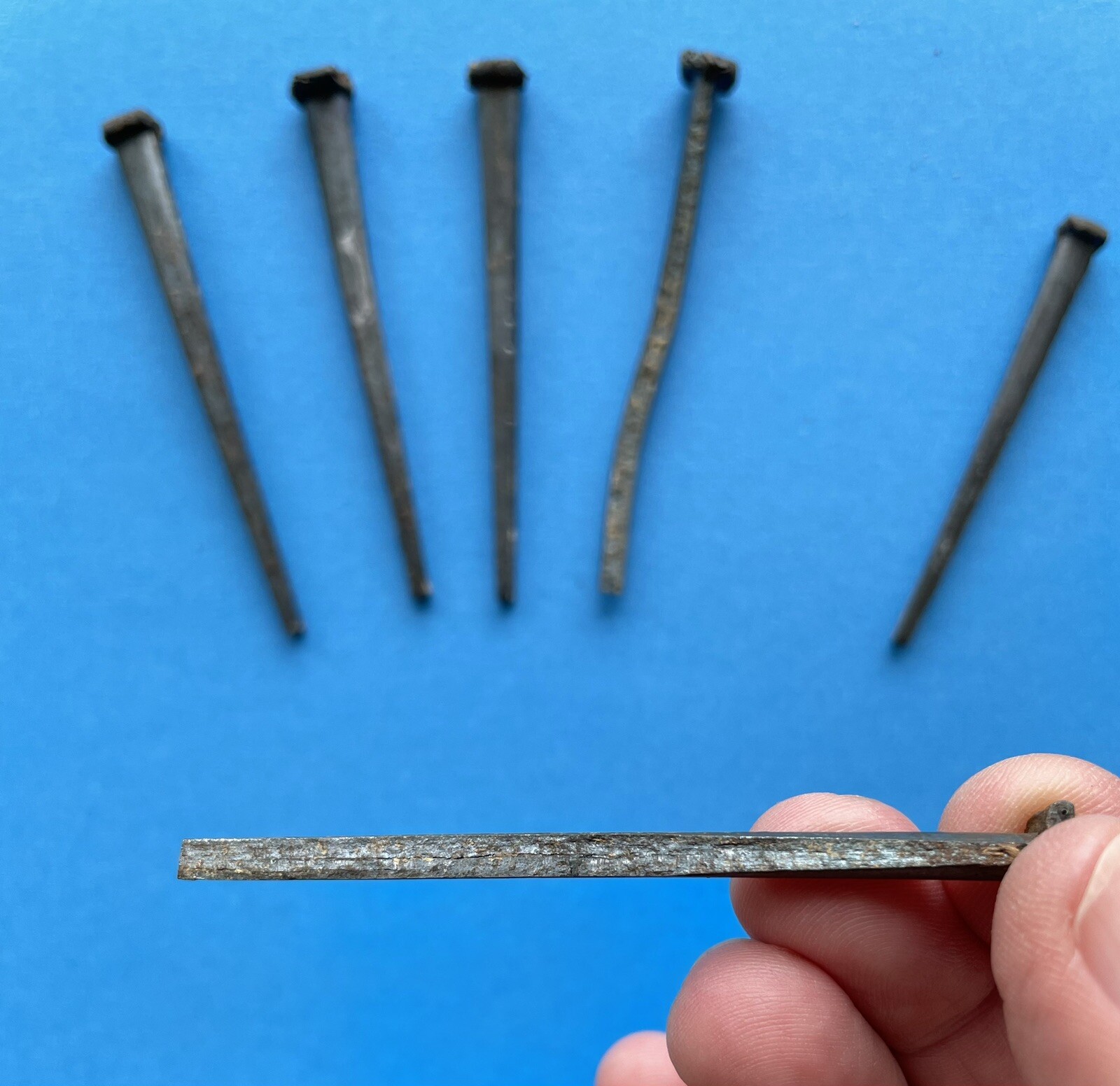 Lot Of 5 Iron Hand Cut 3” Square Head Nails Used Rusty Vintage (plus One 2.5”)