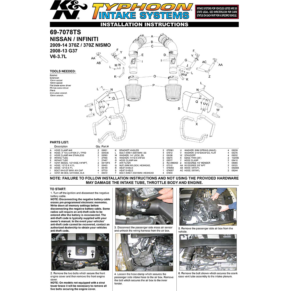 K&N 69-7078TS Performance Cold Air Intake for 2009-2020 370Z / 08-13 G37 3.7L V6