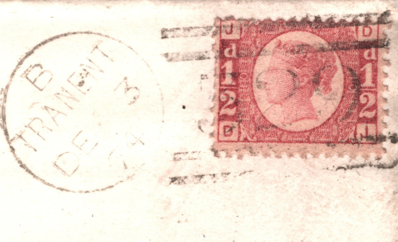 GB QV BANTAM ½d Plate 10 (DJ) Cover TRANENT Duplex 1874 Edinr Scotland XB48