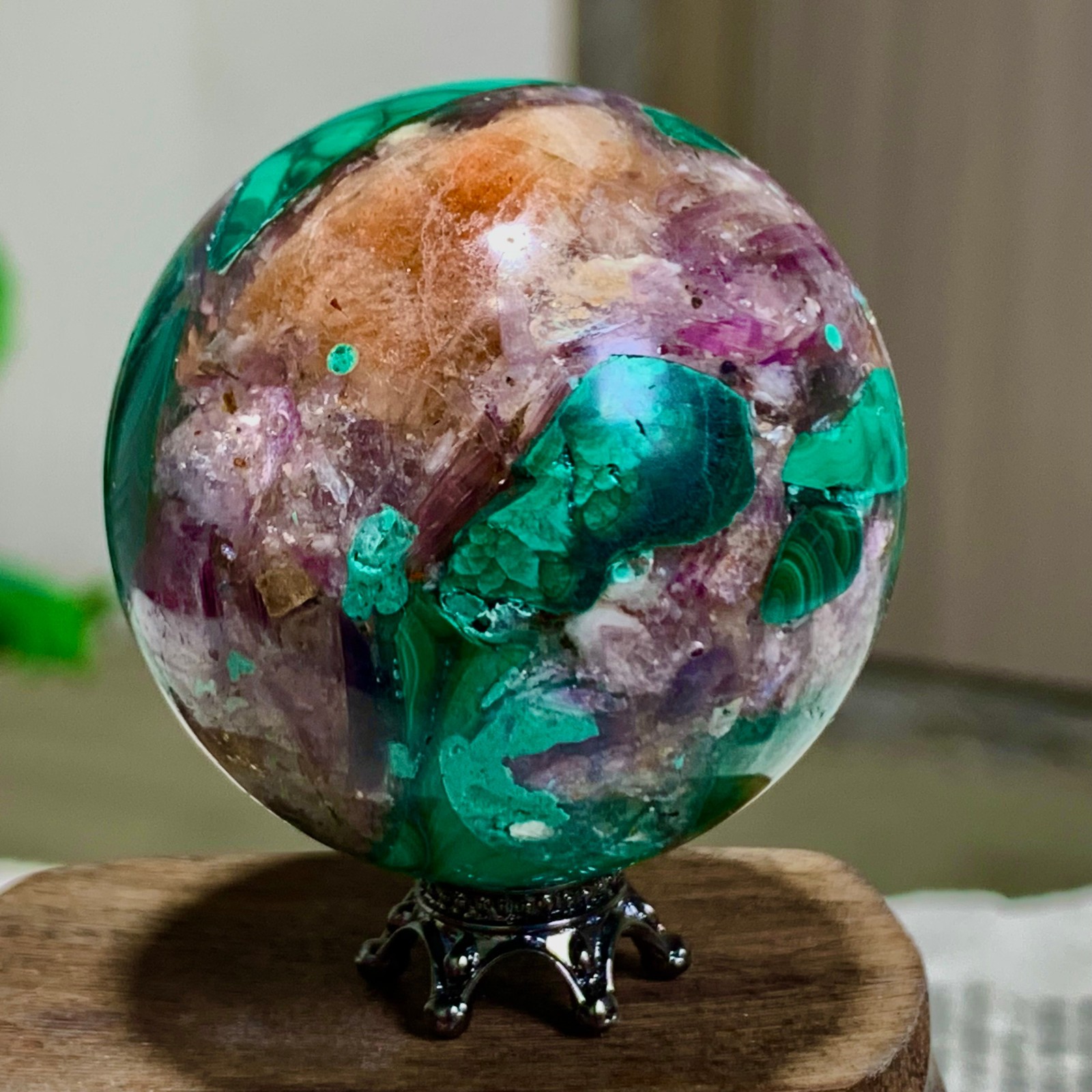 108G Newly discovered rare malachite purple mica symbiotic sphere restoration