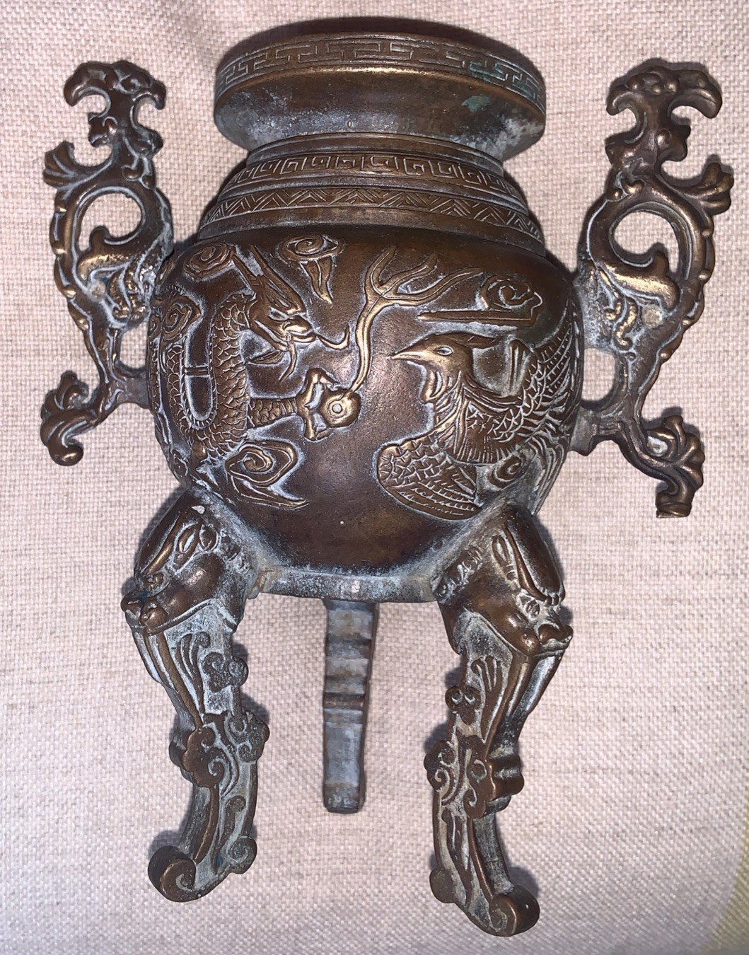 ANTIQUE CHINESE COPPER BASE BRASS DRAGON overlay TRIPOD CENSER SIGNED