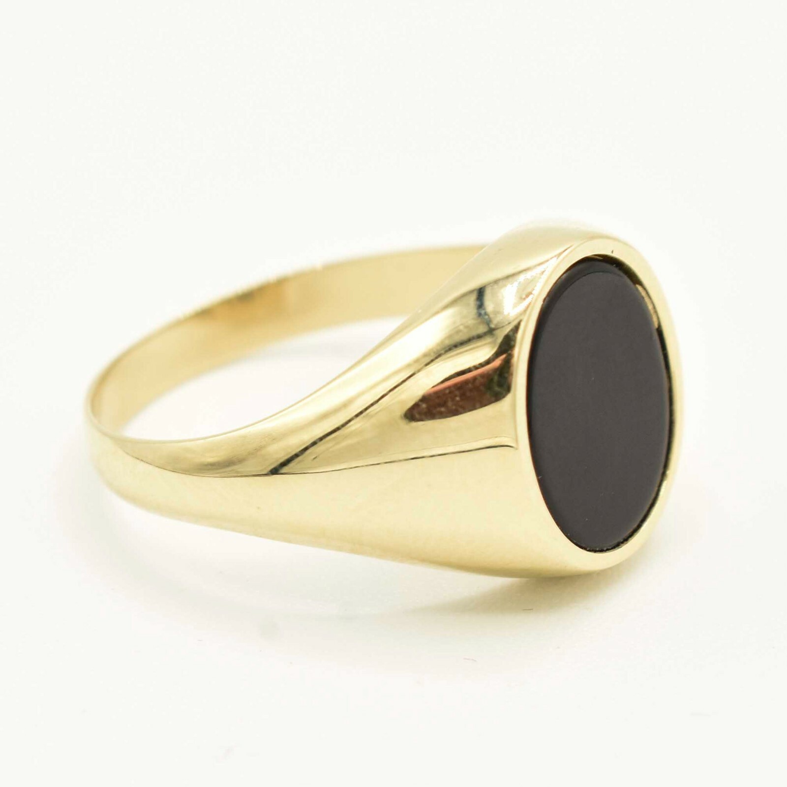 Oval Black Onyx Shiny Signet Ring Real Solid 10K Yellow Gold
