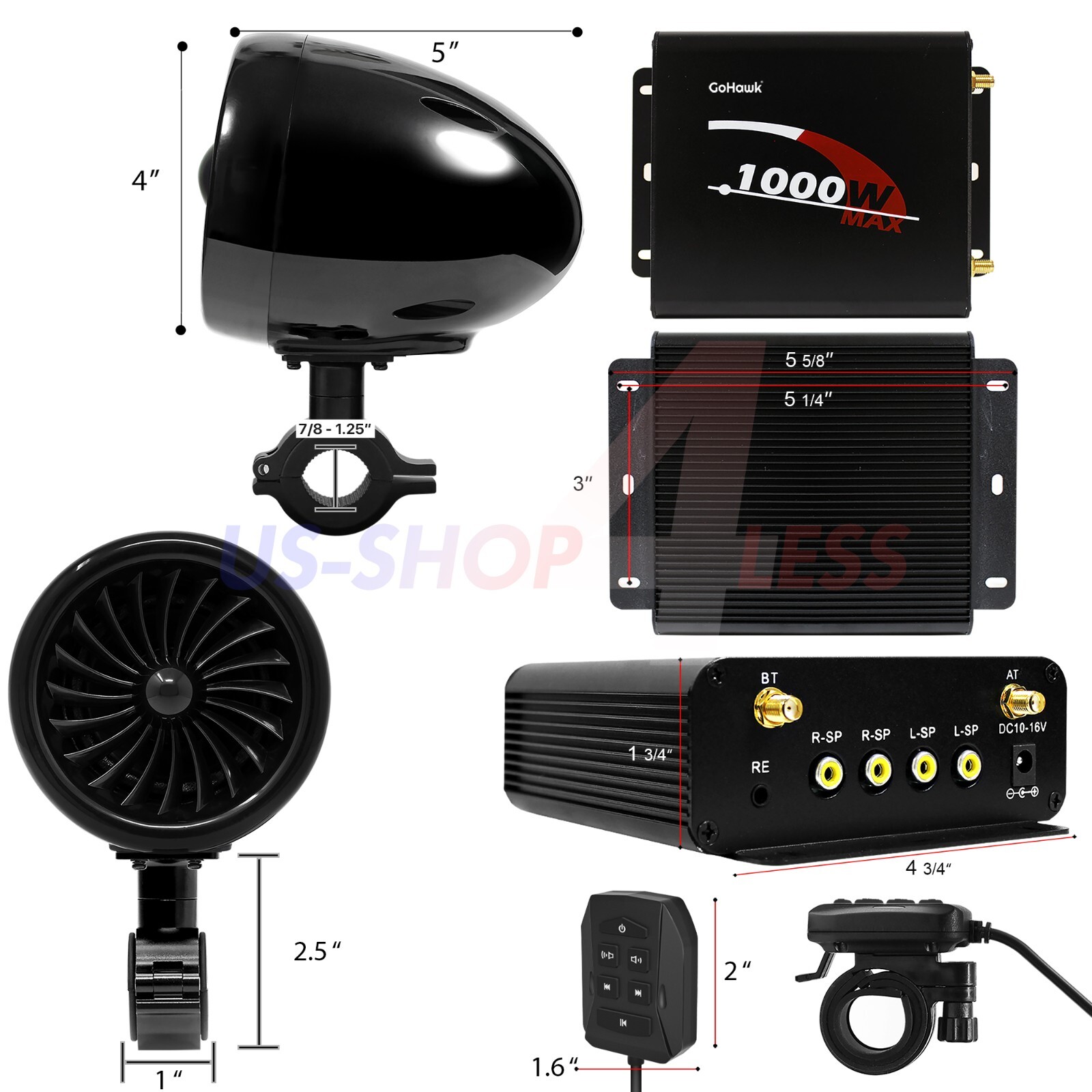1000W Bluetooth Motorcycle Stereo 4 Speakers Audio MP3 System AUX USB FM Radio