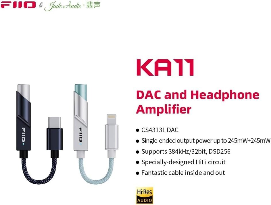 FiiO KA11 USB C to 3.5mm Audio Adapter 32bit/384KHz ( Black, Type-C )