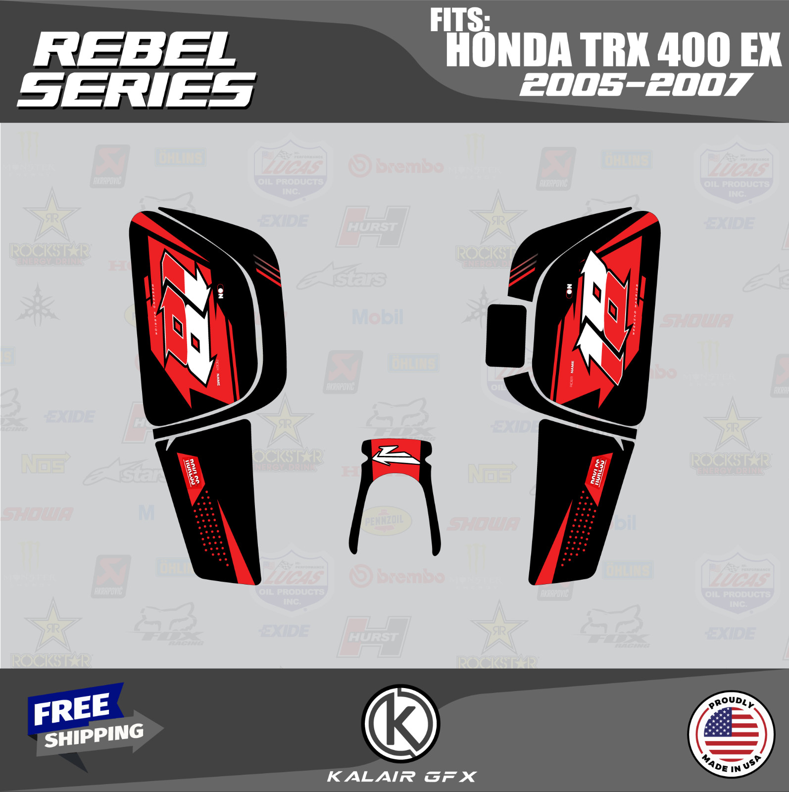 Graphics Kit for HONDA TRX400EX (2005-2007) 16MIL Rebel Series - Red Shift
