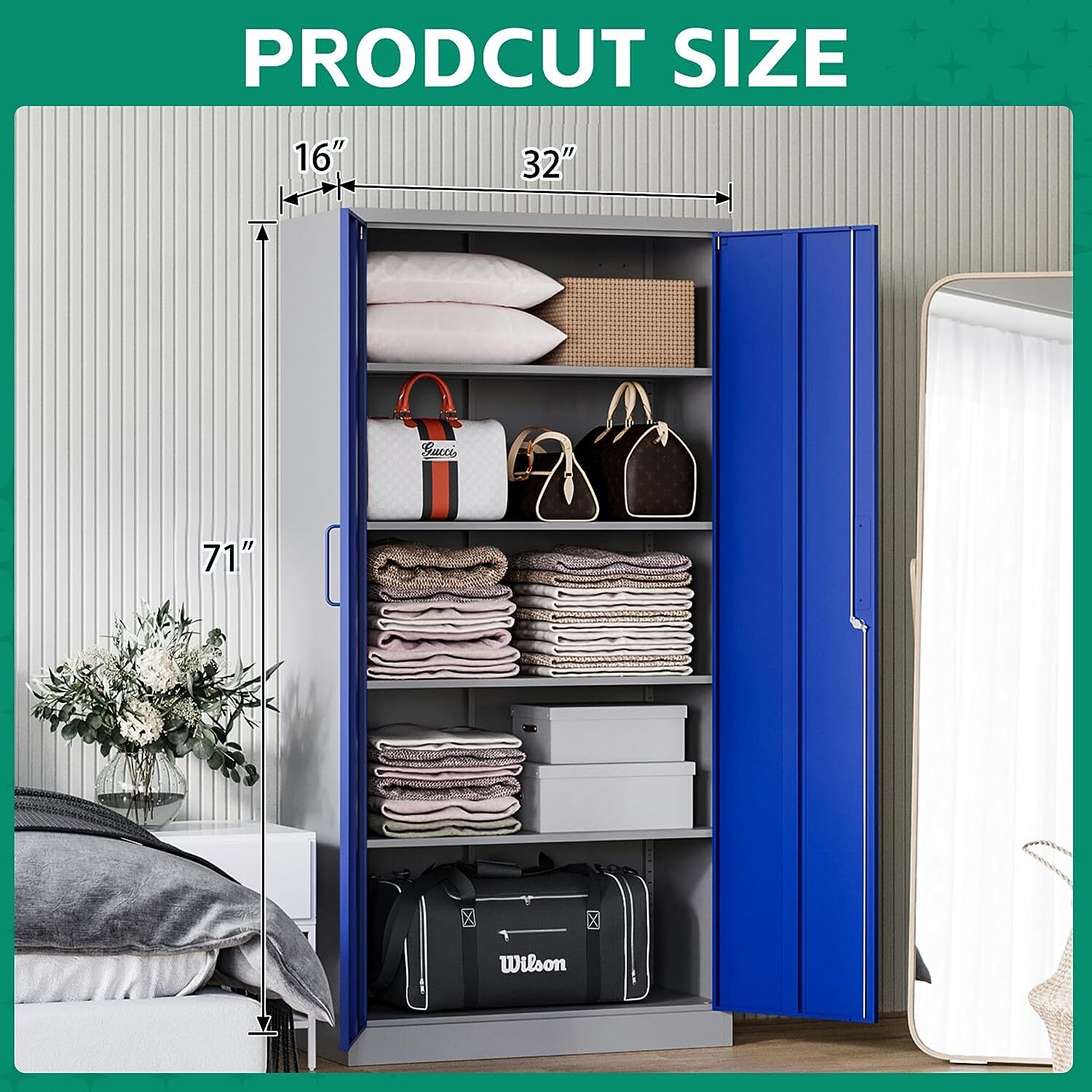 71" Metal Storage Cabinet with 4 Adjustable Shelves and Locking Door Home Garage