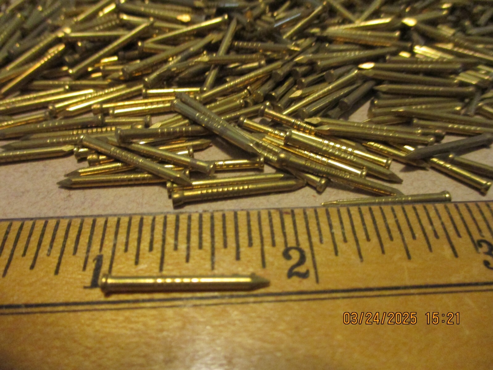 100 - ORIG. VINTAGE, 3/4" X  5/64" - SOLID BRASS FINISH NAILS MADE IN U.S.A.