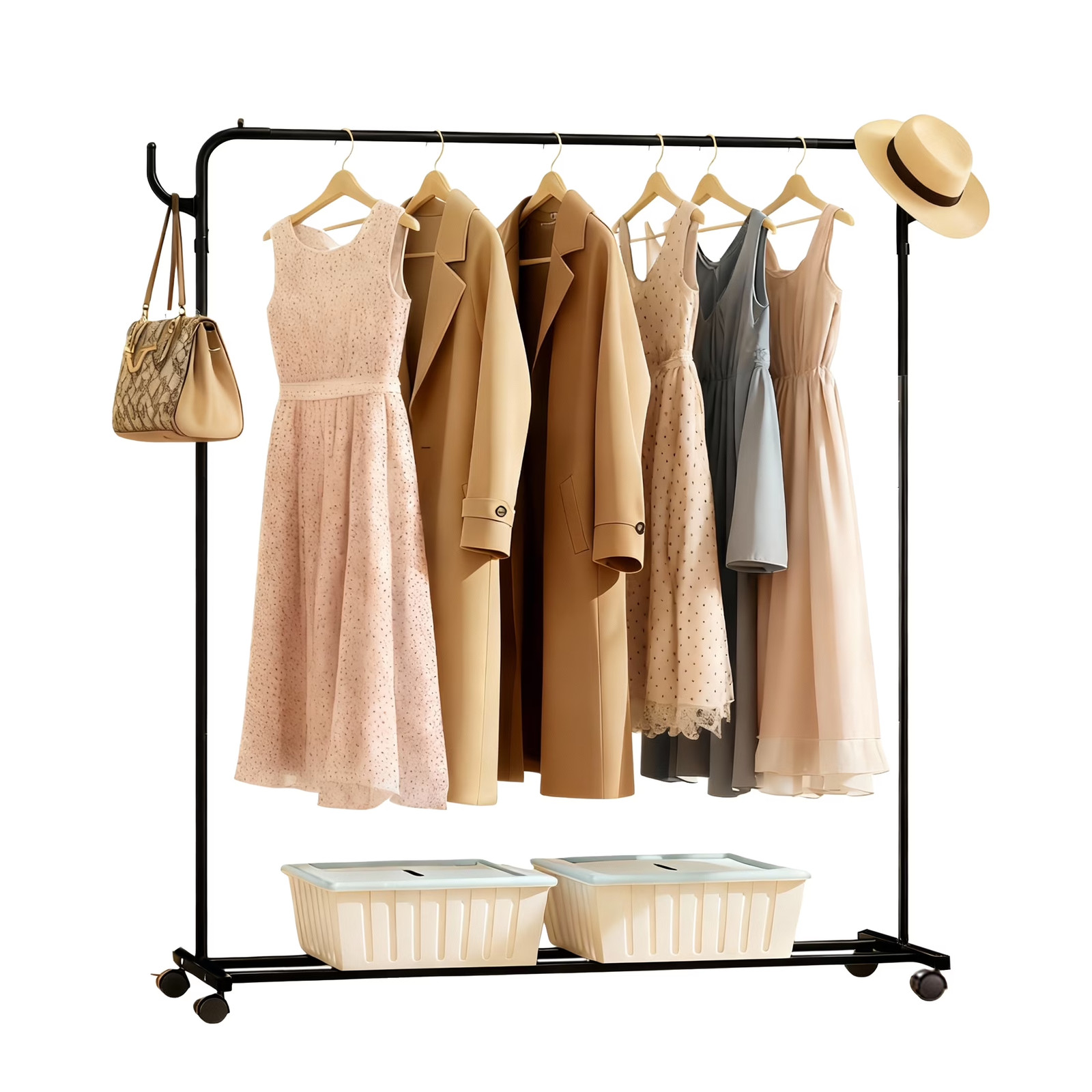 Clothes Rack, Clothing Rack with Wheels, Garment Rack with Storage Shelves, Roll