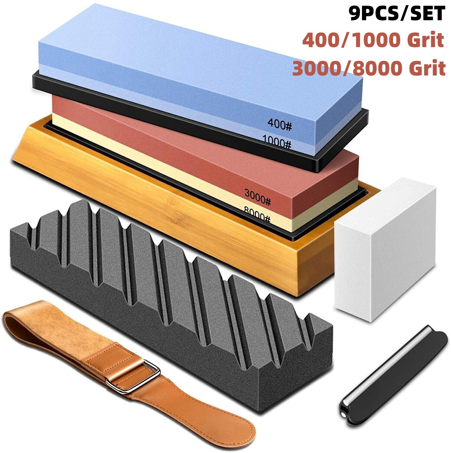 Knife Sharpening Water Stone Kitchen Dual Whetstone Set 400 1000 3000 8000 Grit