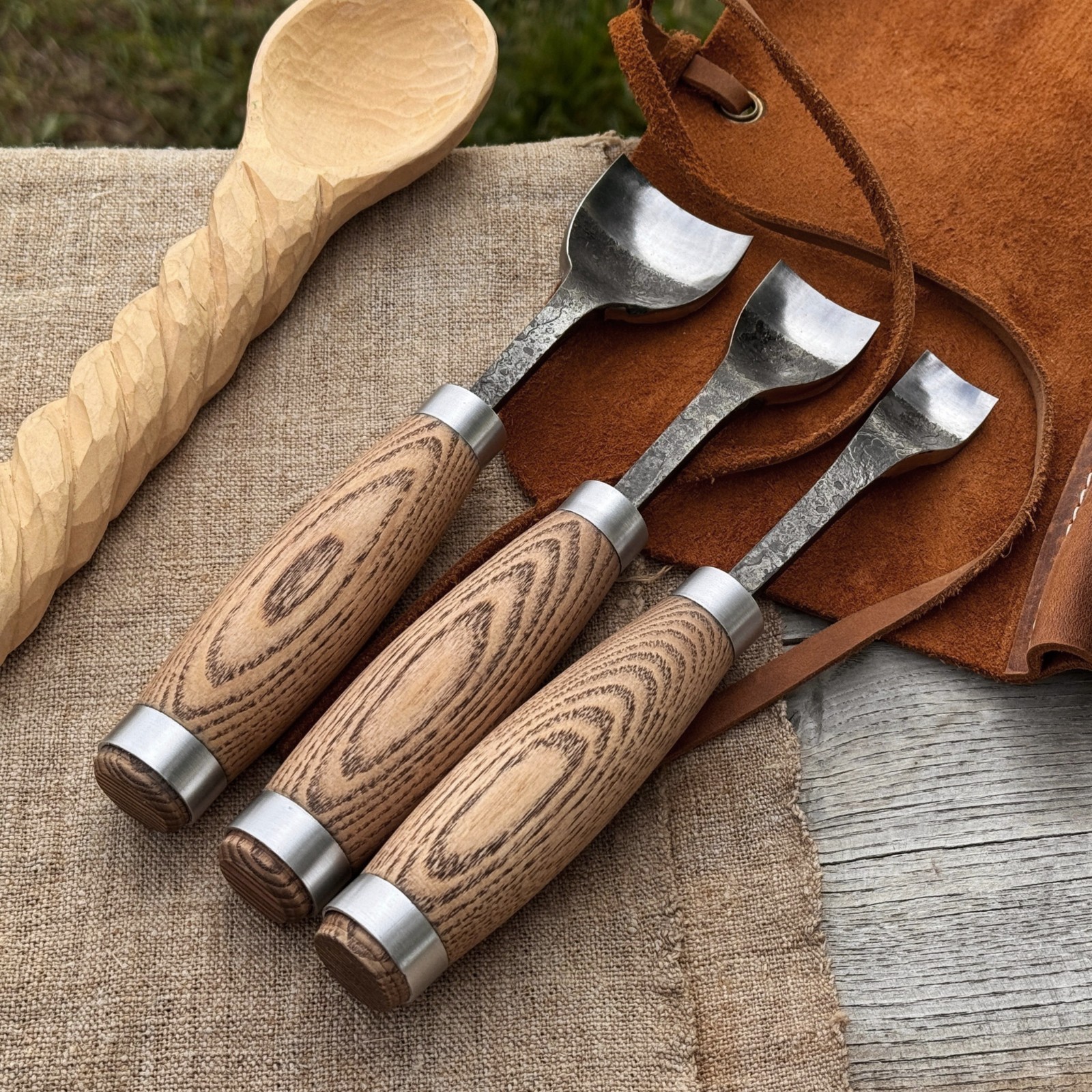 Set of 3 - 0.8, 1.2, 1.6'' Spoon Carving Gouges Hand-Forged Tool Bowls, Kuksas