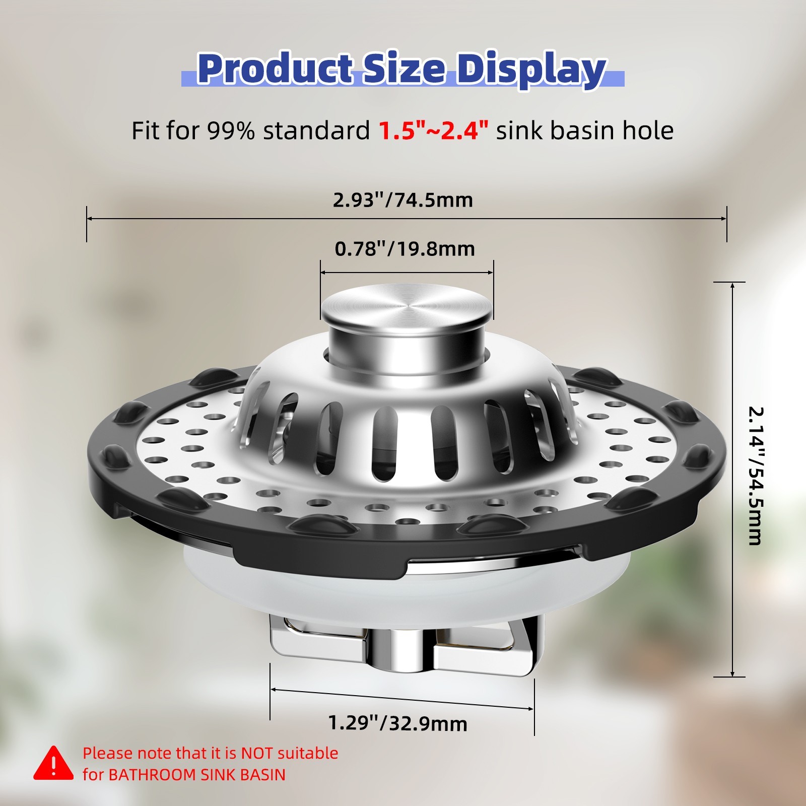 Universal Bathtub Drain Stopper - Pop-Up Hair Catcher for Tub 1.5 to 2.4" Hole