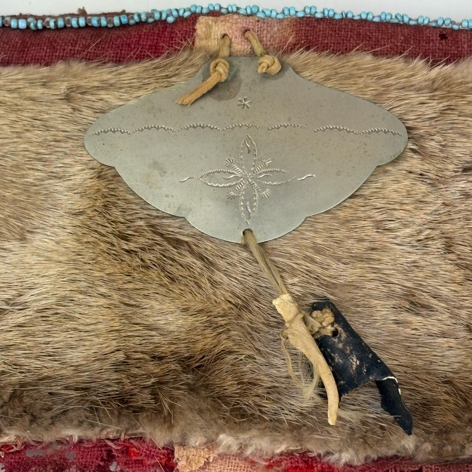 Antique Plains Indian Beaver Fur Hat Beaded Trim Trade Wool Lining Silver 1880s