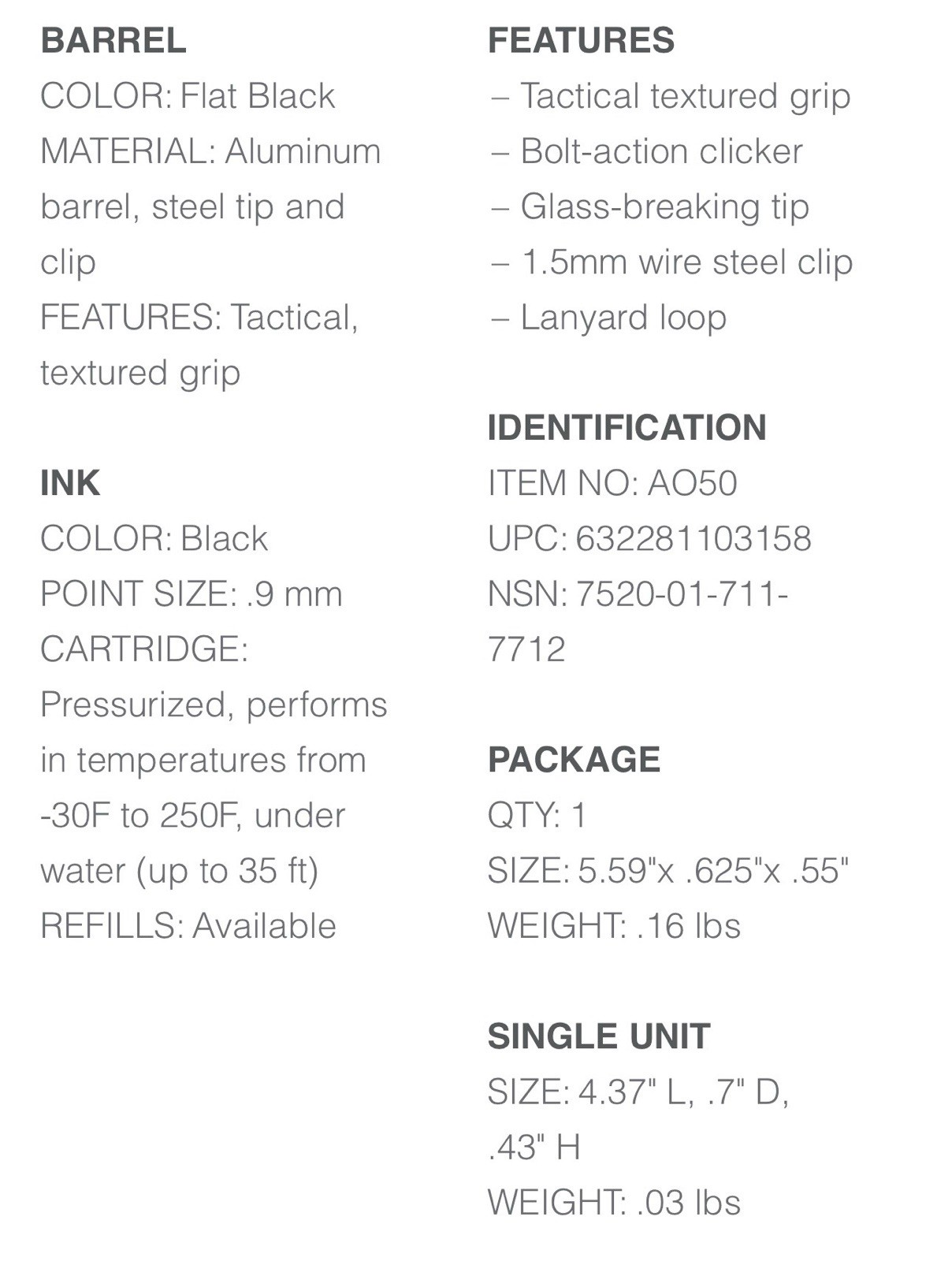 Rite in the Rain Readiness All-Weather Black Writing Pen AO50