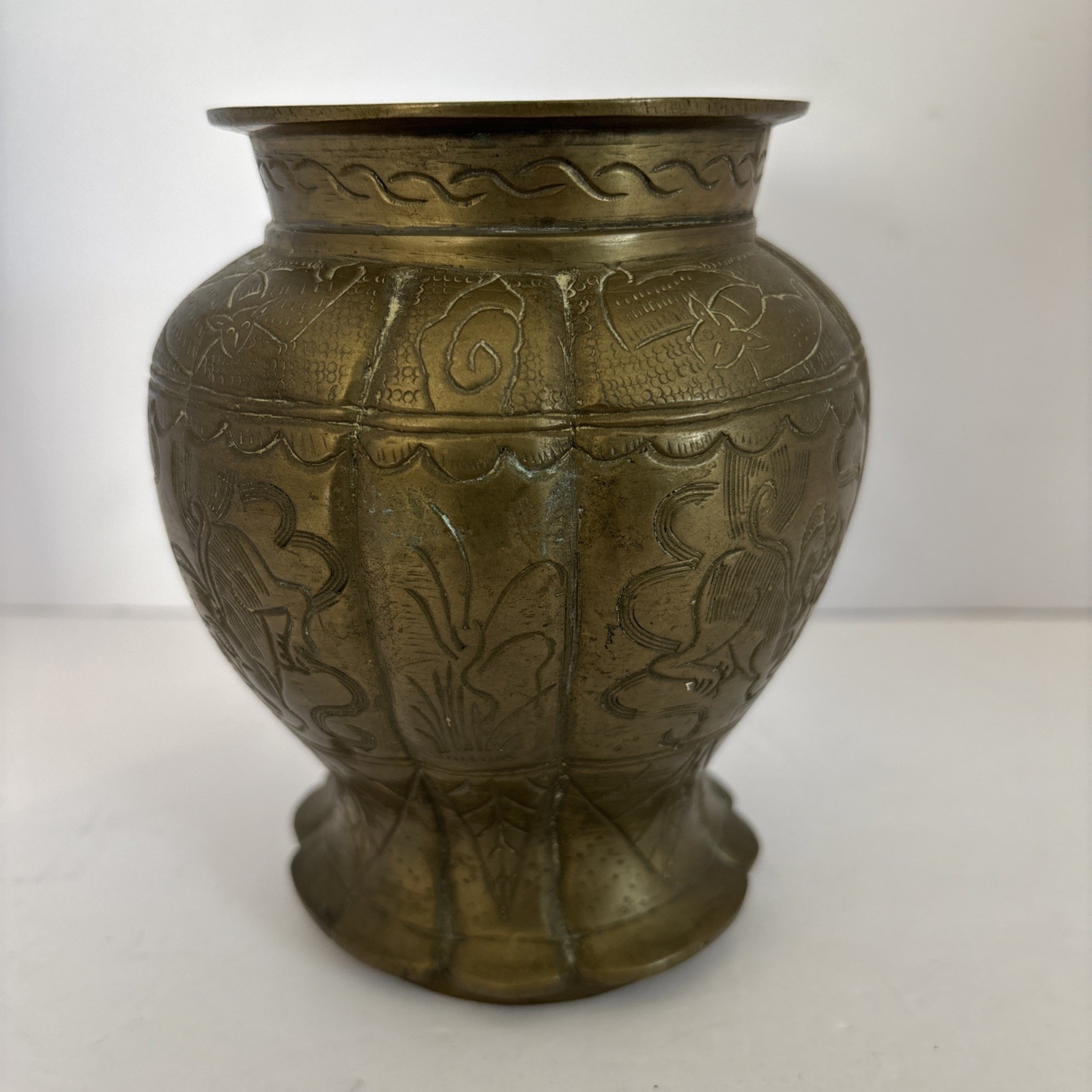 Vintage Heavy Chinese Etched Brass Vase 5.5” Tall Dragon or Lion
