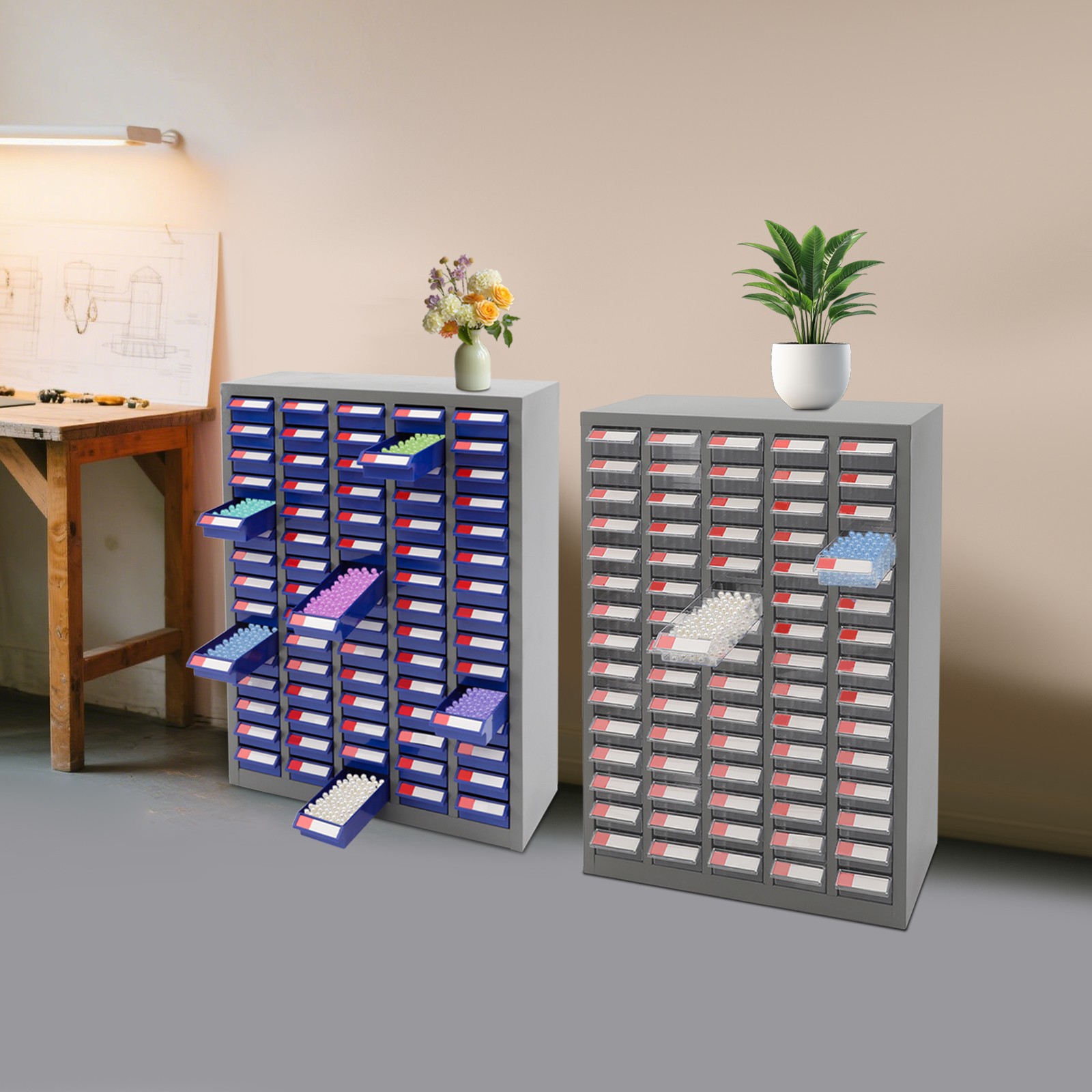 Grey, Clear/Grey, Blue 75-drawer Tool Cabinet Bolt And Nut Tool Storage Box