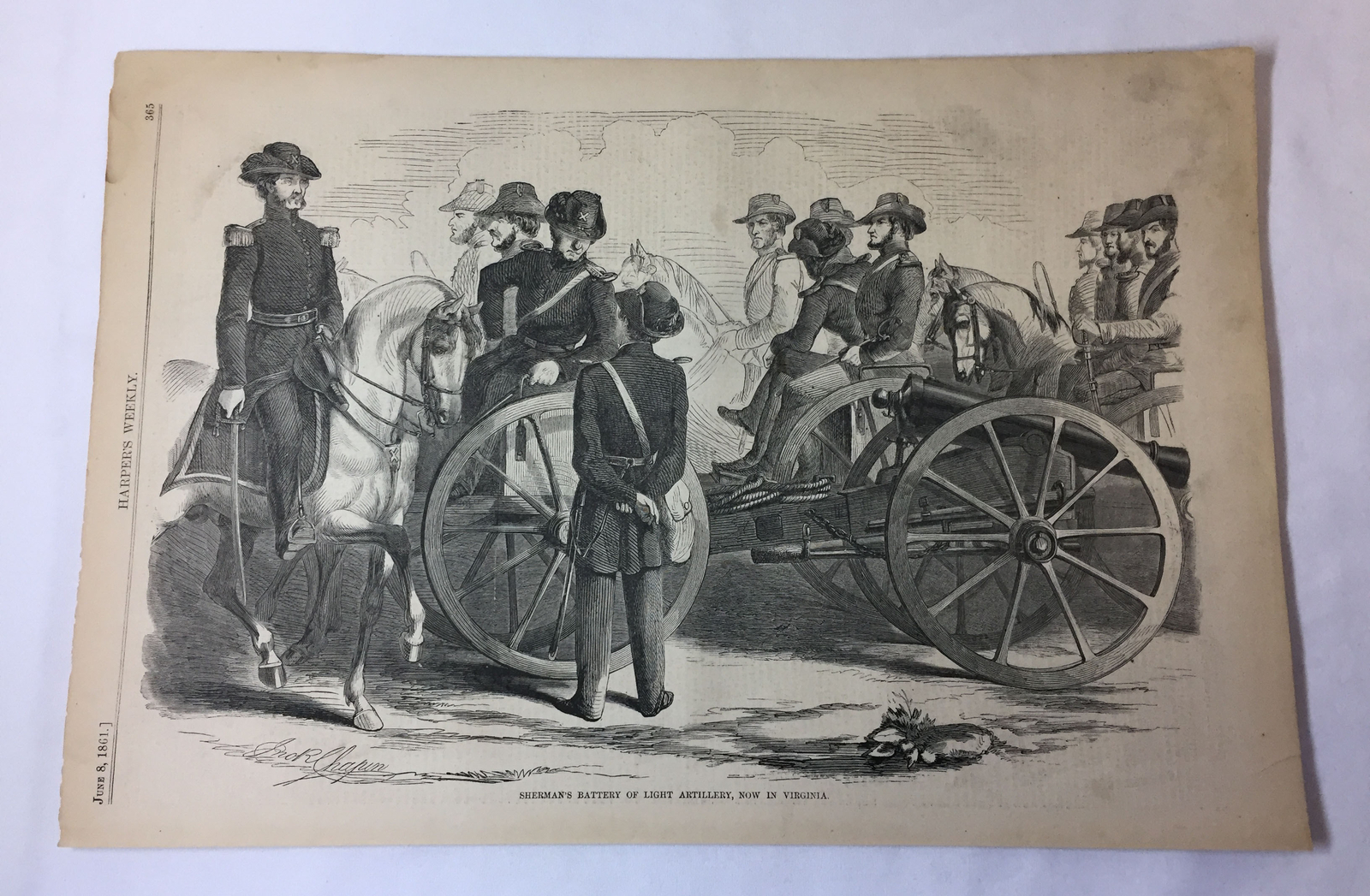 1861 magazine engraving~ 11x16 ~ SHERMAN'S BATTERY OF LIGHT ARTILLERY, VIRGINIA
