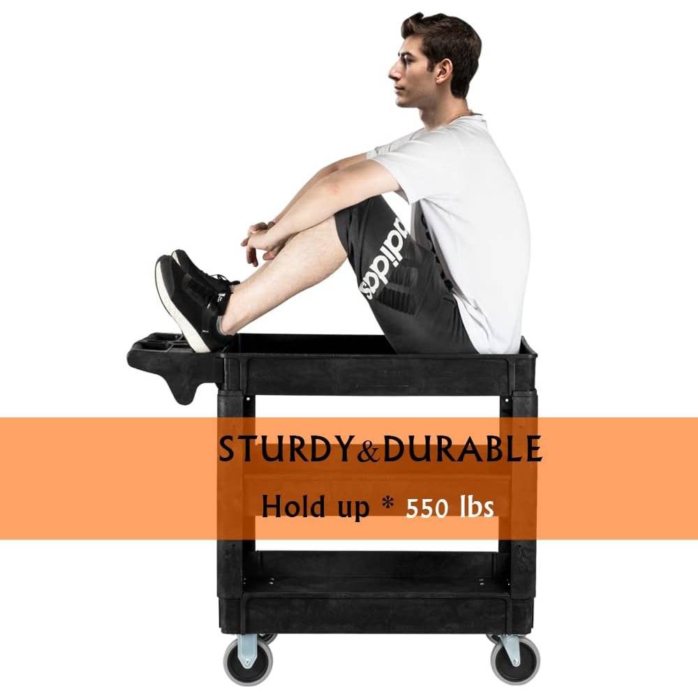 Heavy Duty Plastic Service Utility Cart with 3 Shelves / Ergonomic Handle Black