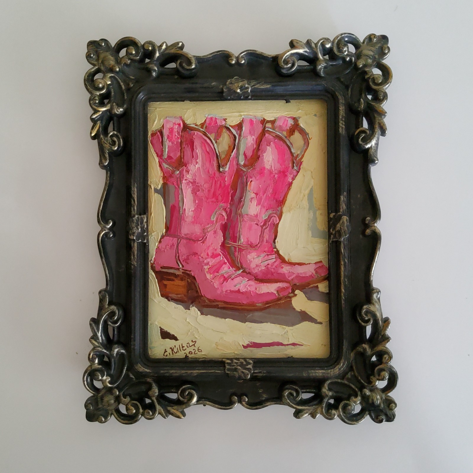 Pink Cowgirl Boots Cowboy Painting Original Oil Art Abstract Modern Wall Artwork