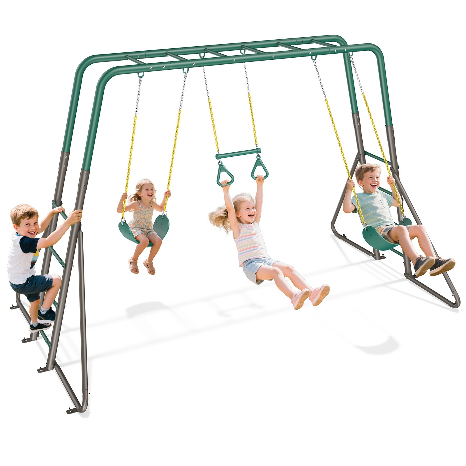 Metal Swing Sets Playground Set for Kids with 2 Belt Swings, Monkey Bars Outdoor