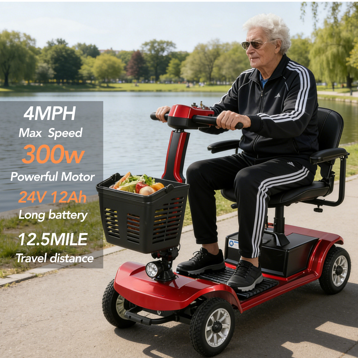 Mobility Scooter 4 Wheel Electric Powered 12.4miles Range 300W 419lbs Capacity