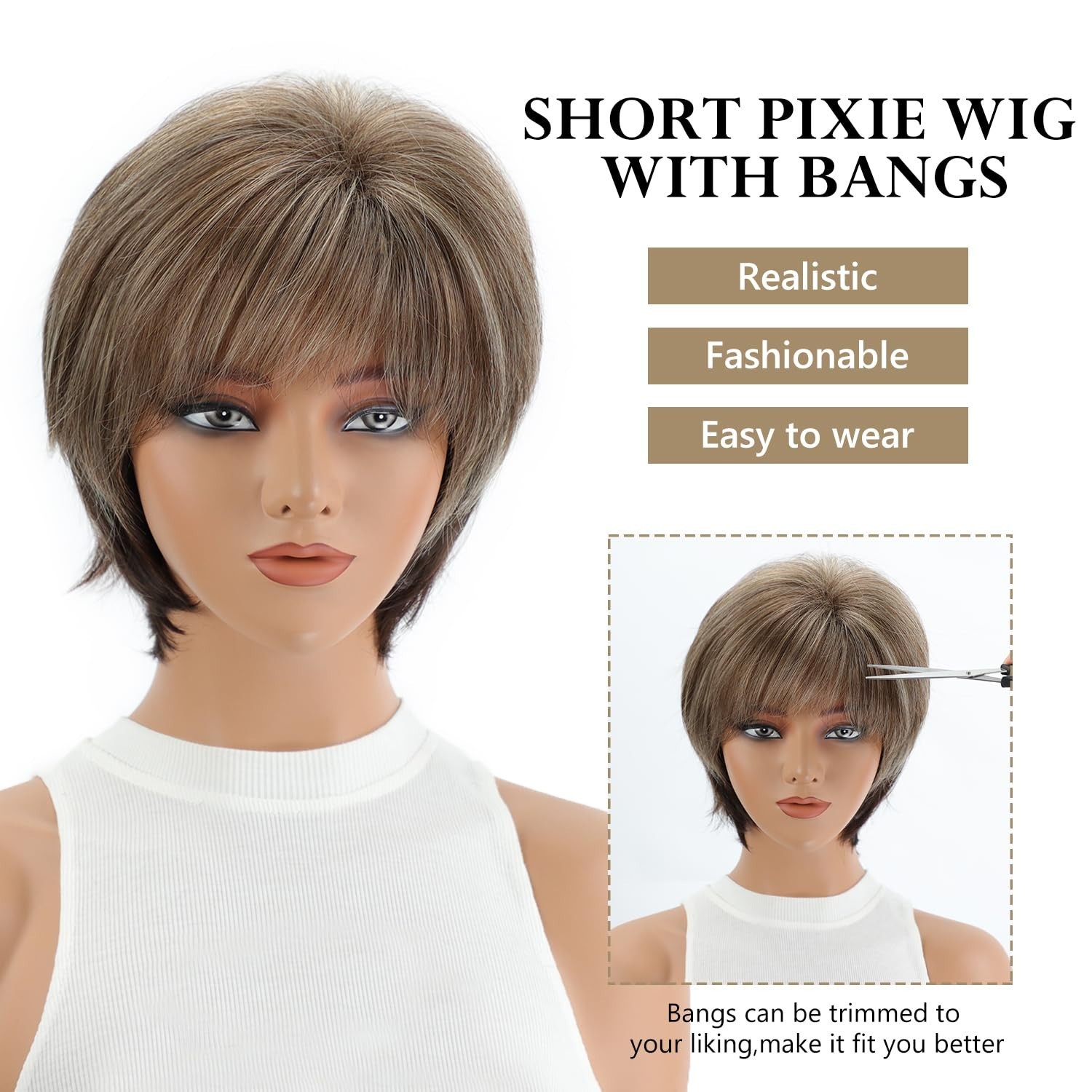 SEVENCOLORS Short Hair Wigs with Bangs Dark Brown Mixed Blonde Pixie Cut Wig ...
