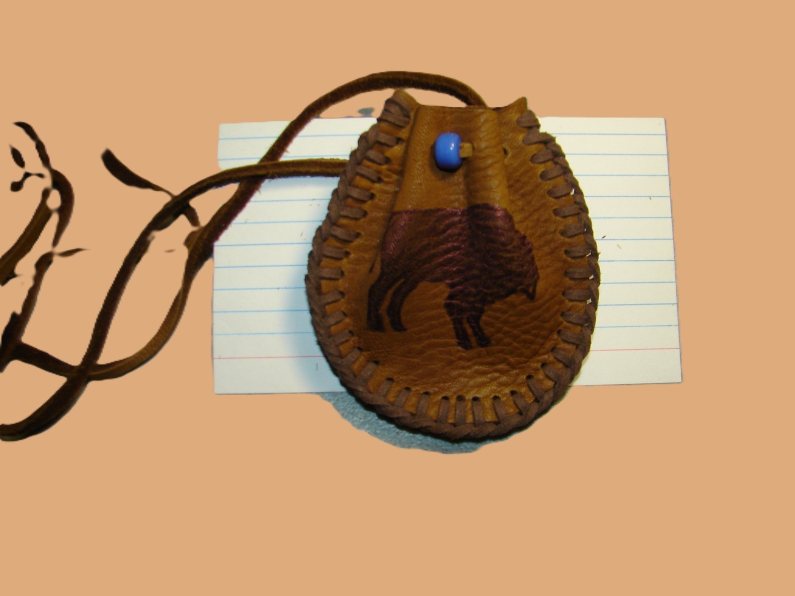 Native American Deerskin Leather Medicine Bag, Buffalo Graphic Tribal Pouch, 3"