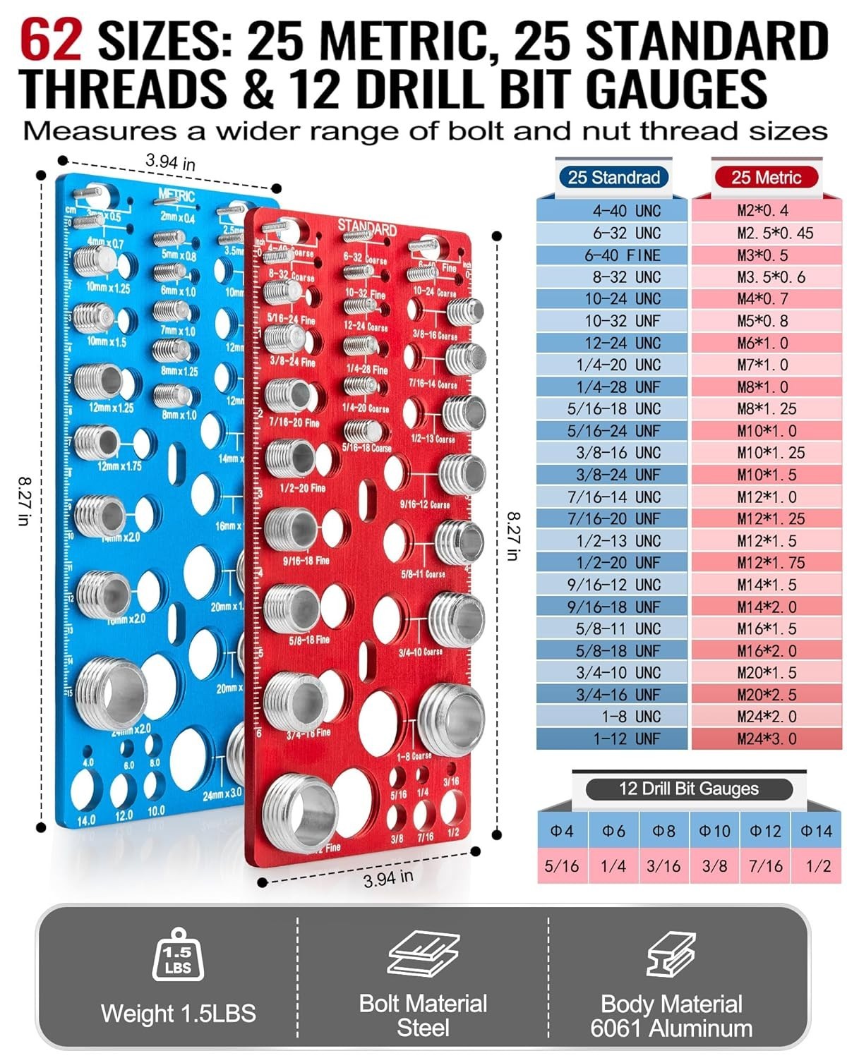 62 Pcs Nut and Bolt Thread Checker - 25 Standard + 25 Metric Thread Gauges
