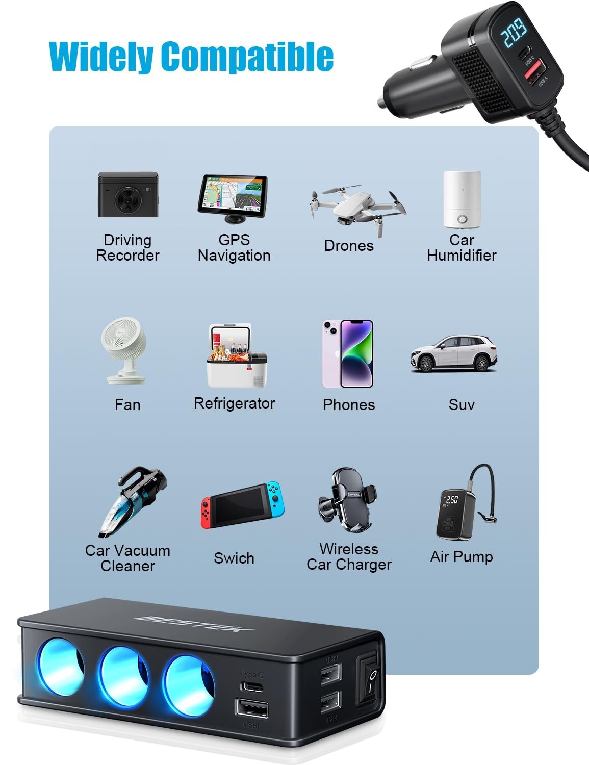 BESTEK 9 in 1 Car Charger 148W 3-Socket PD 30W and QC3.0 18W Charging Ports LED