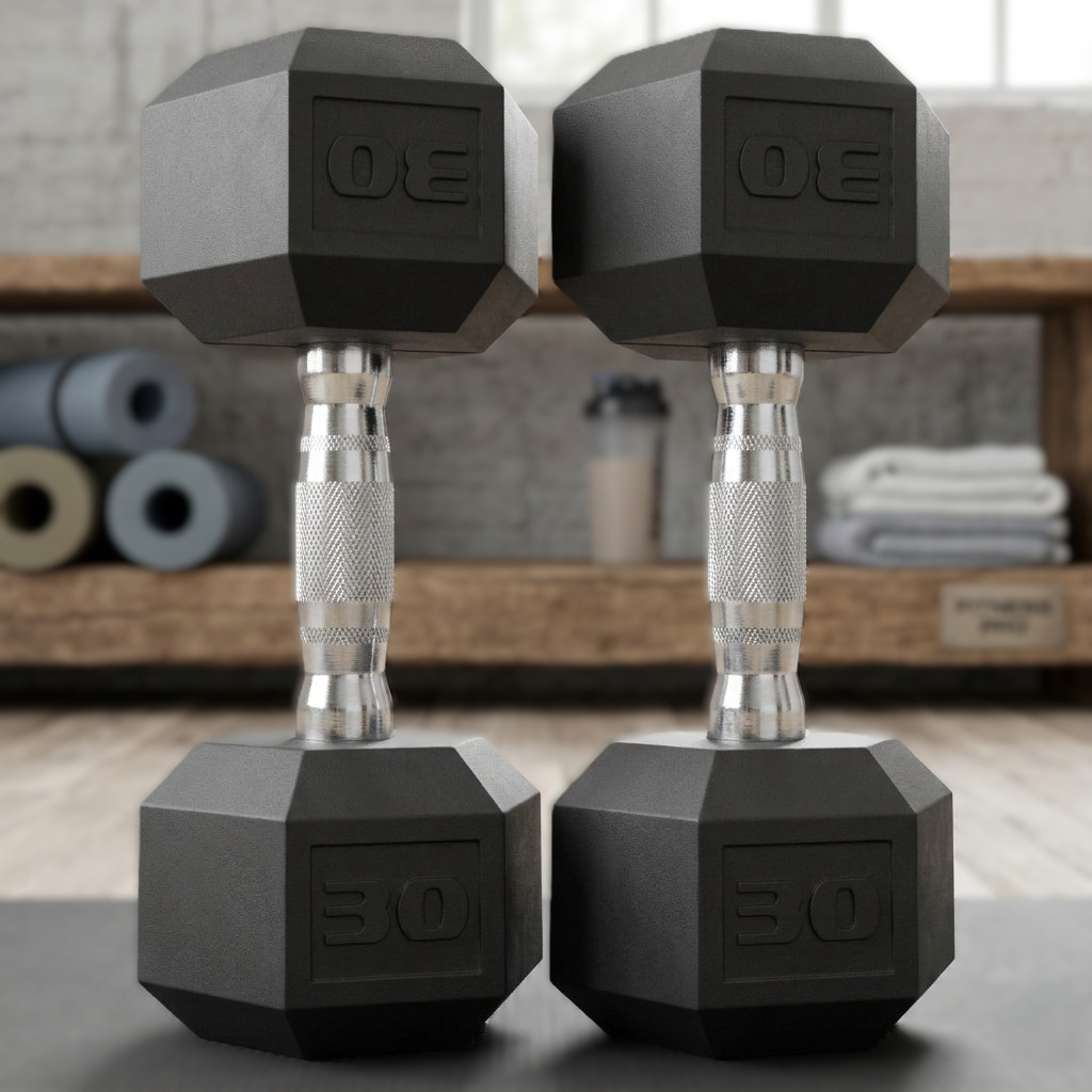 30 lb Rubber Coated Hex Dumbbells – Strength Training Barbell Weights Set of 2