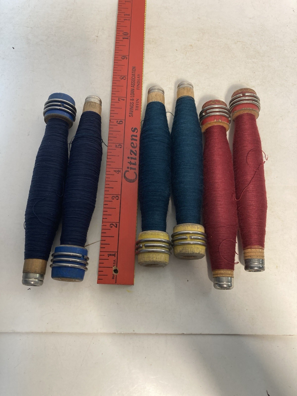 Wood Quills Wooden Bobbins Thread Wrapped Spools RED, BLUE, GREEN Factory Lot-6: