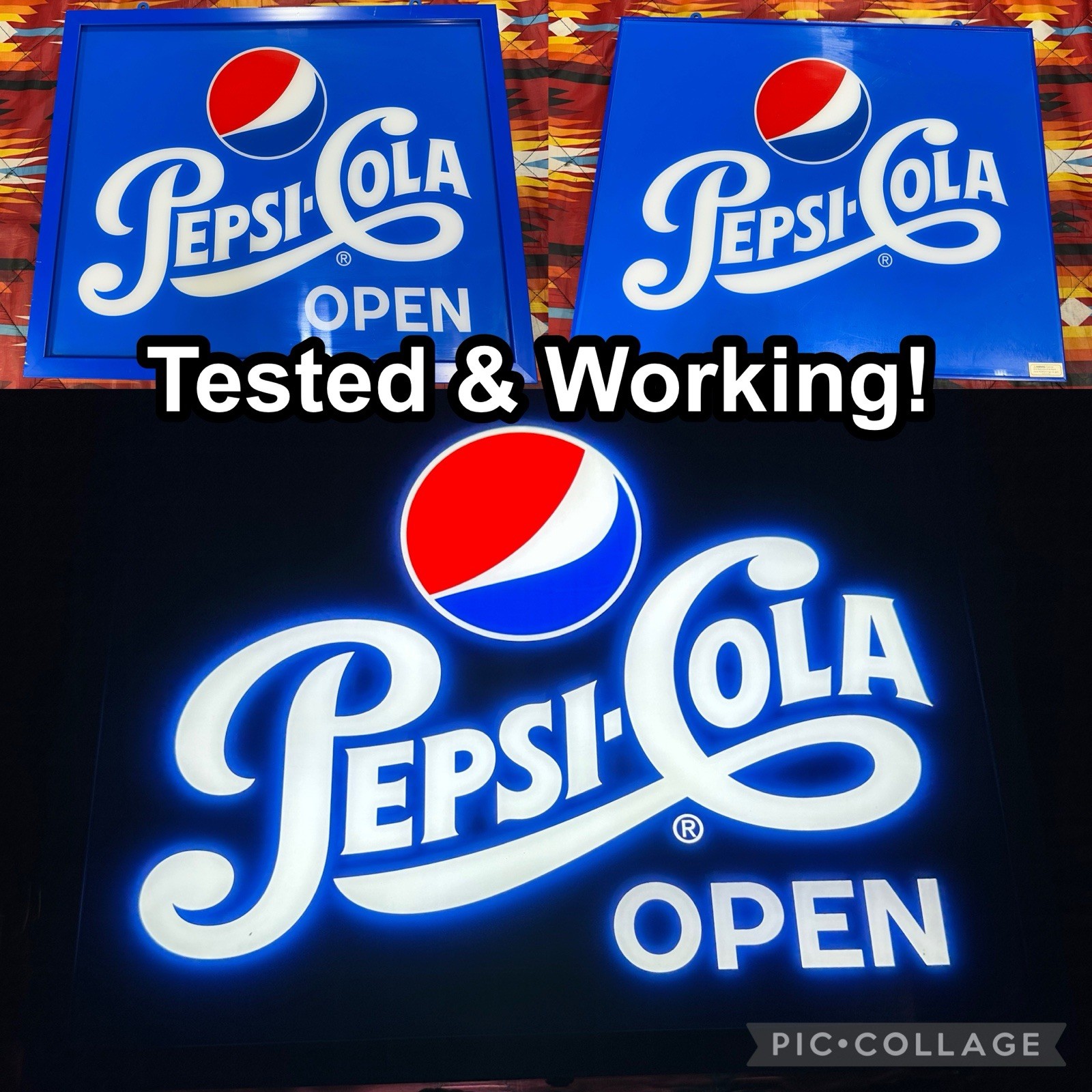 Blue Pepsi Cola Open Light Up Sign 20”x 16.5” (Power Cord Not Included) TESTED!