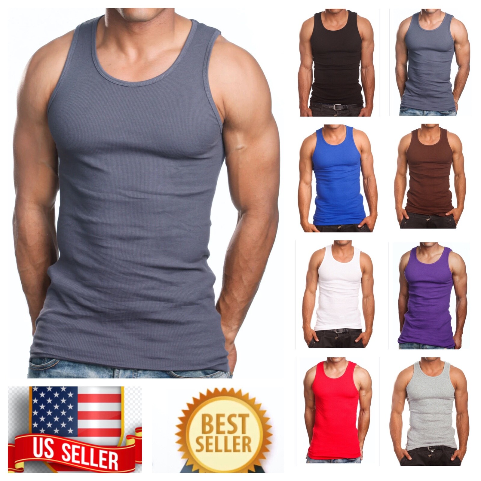 Men S-5XL 100% Cotton Tank Top T-Shirt A-Shirt Muscle Ribbed Wife Beater Tee Gym