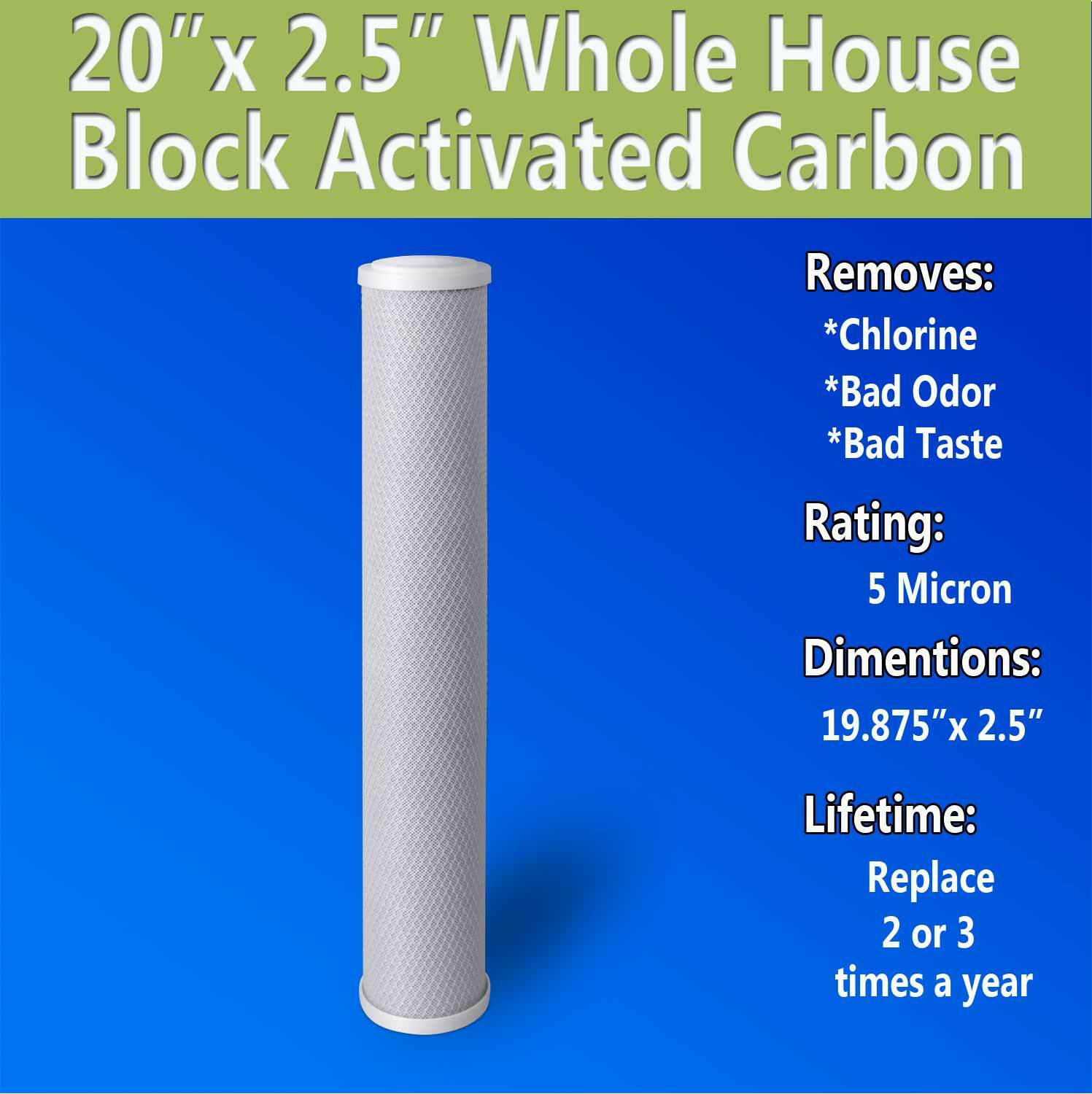 20" x 2.5" Block Carbon Water Filter 5 Micron Whole House Cartridges Set of 6