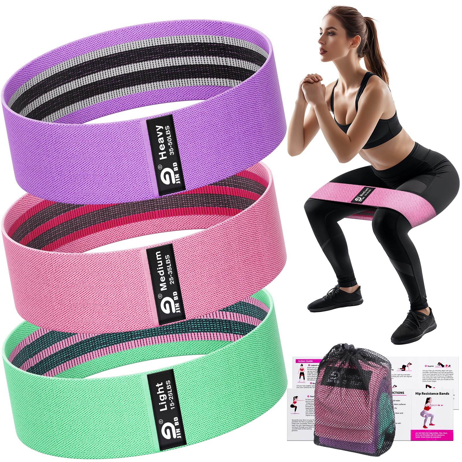 Fabric Resistance Bands Set – Booty Bands for Legs & Glutes, 3 Resistance Lev...