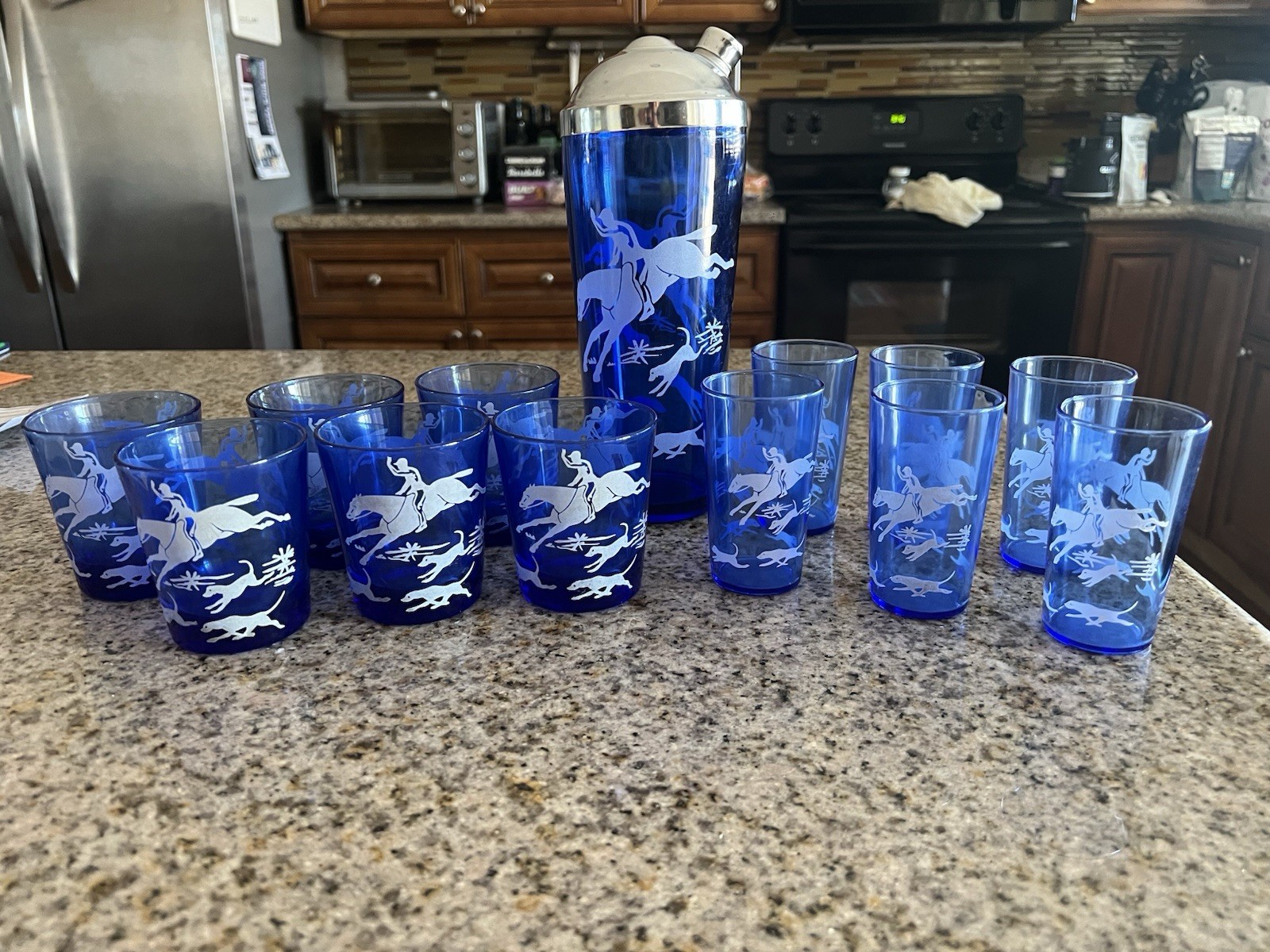 1930’s Cocktail Shaker Set Hazel Atlas Blue/White Fox Hunt Shaker & 12 Glasses